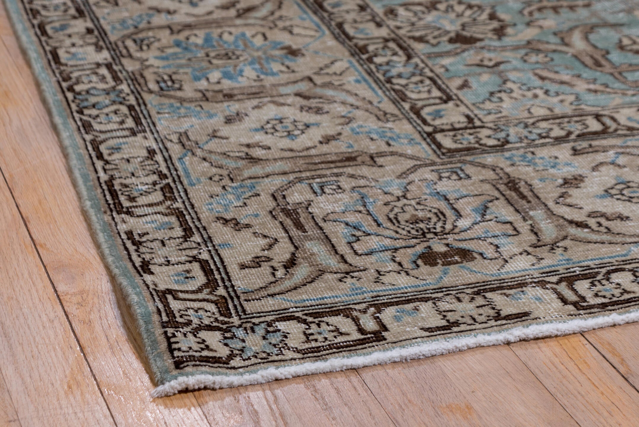 9' x 13' one-of-a-kind handmade vintage Tabriz large size rug. Color palette: light blue, taupe, ivory, brown, sky blue