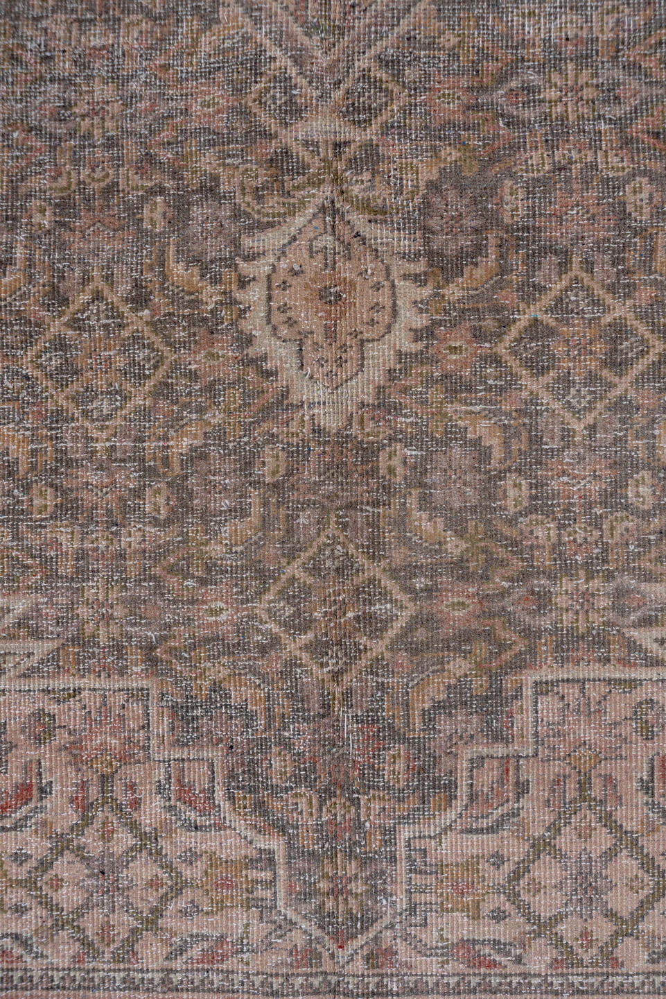 9' x 12' one-of-a-kind handmade vintage Mahal large size rug. Color palette: taupe, ivory, dusty rose, slate, beige
