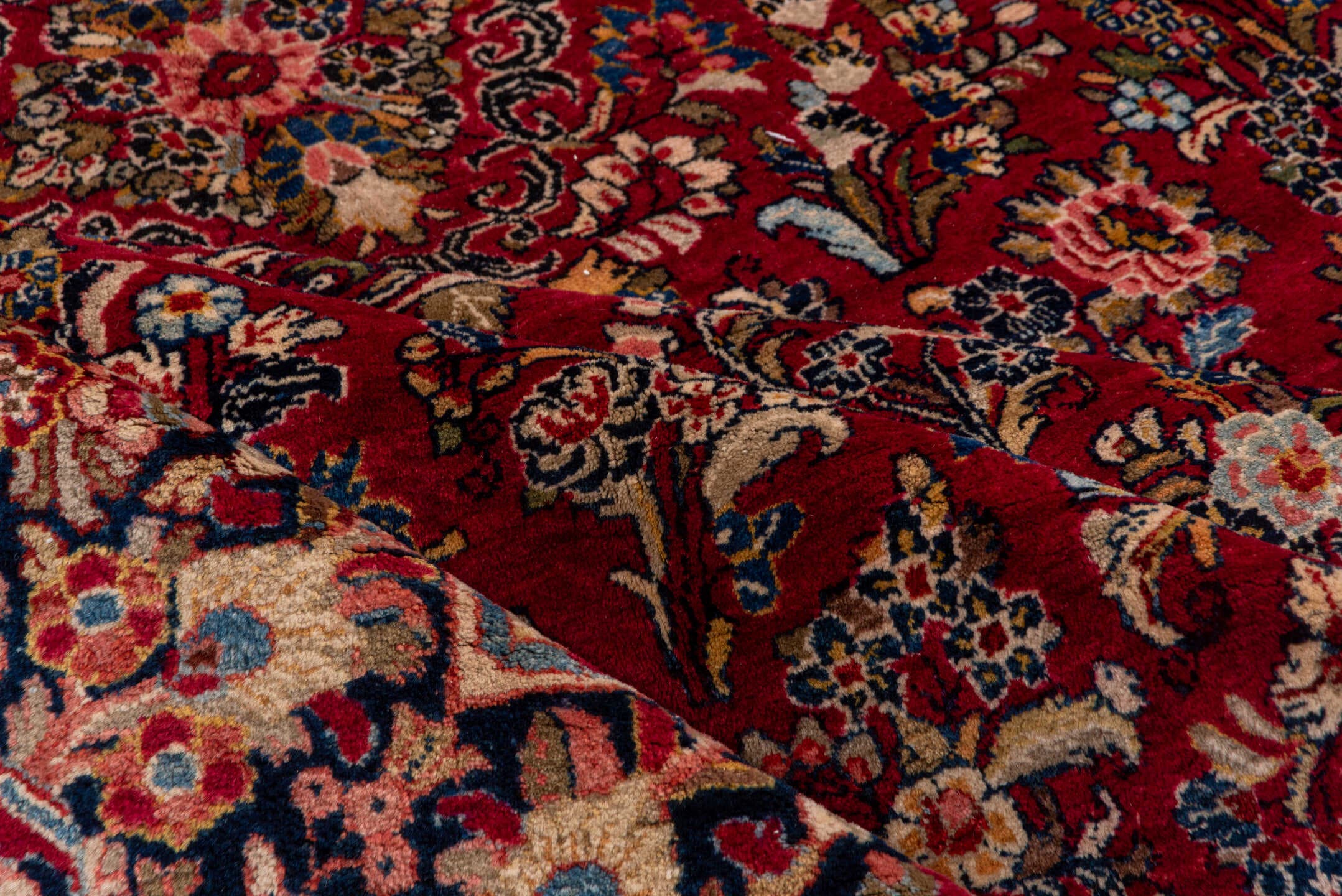 8' x 11' one-of-a-kind handmade antique Sarouk large size rug. Color palette: red, navy, ivory, rose, burgundy, camel, slate