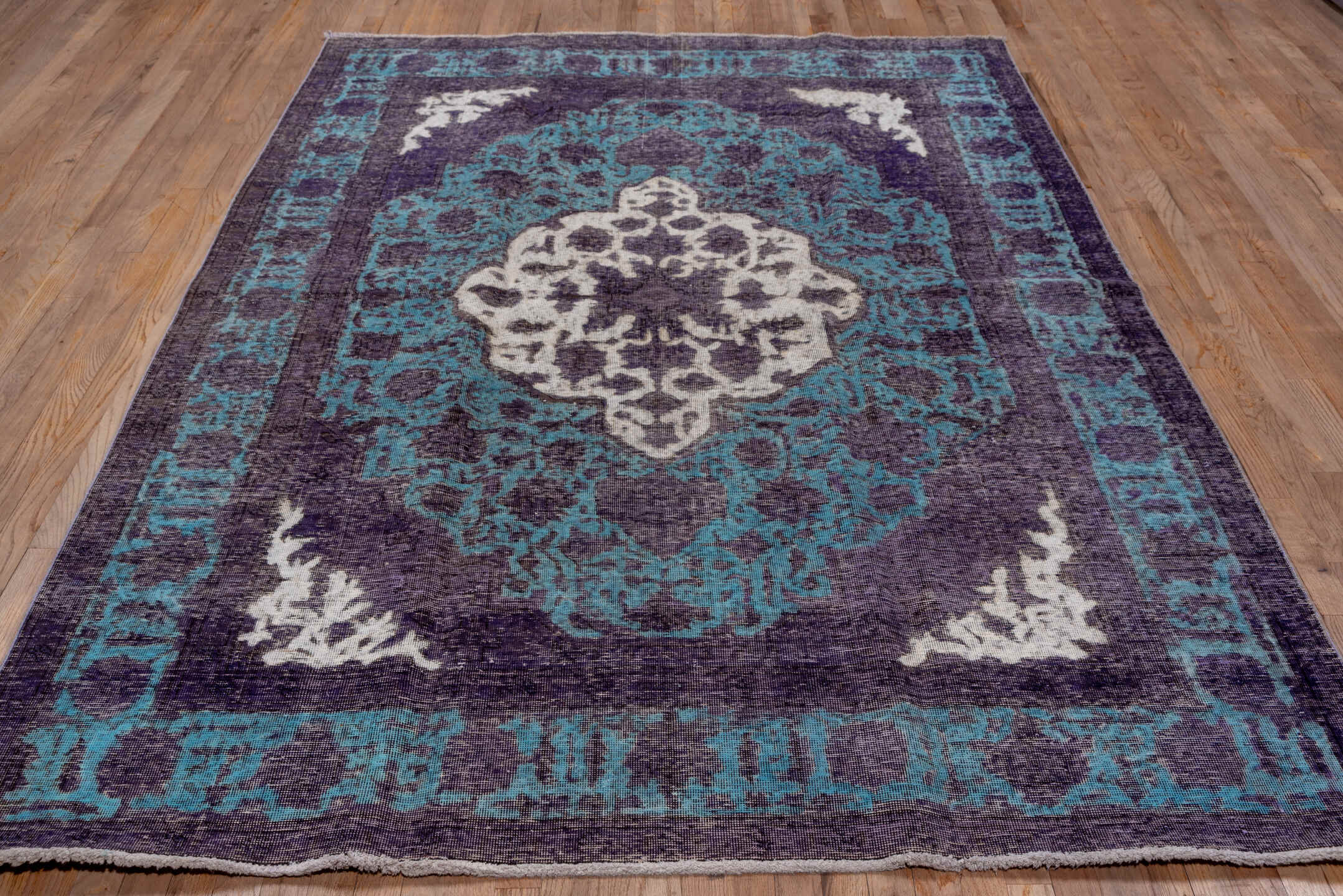 6' x 9' one-of-a-kind handmade vintage Overdyed medium size rug. Color palette: purple, turquoise, ivory, charcoal, teal