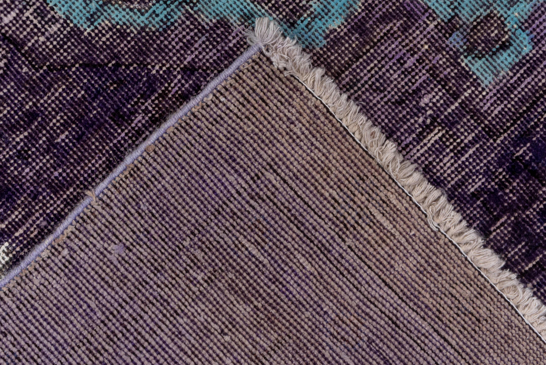 6' x 9' one-of-a-kind handmade vintage Overdyed medium size rug. Color palette: purple, turquoise, ivory, charcoal, teal