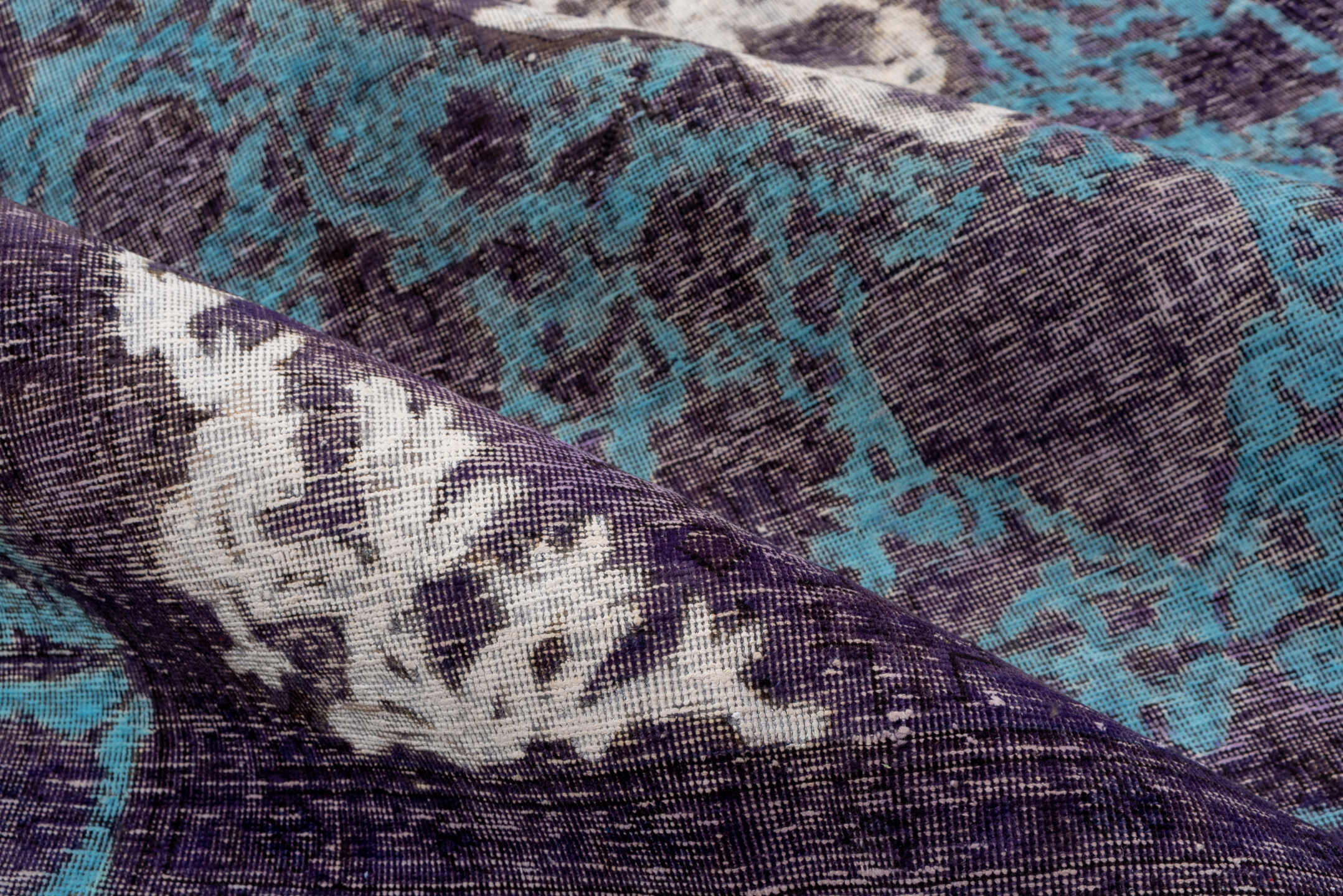6' x 9' one-of-a-kind handmade vintage Overdyed medium size rug. Color palette: purple, turquoise, ivory, charcoal, teal
