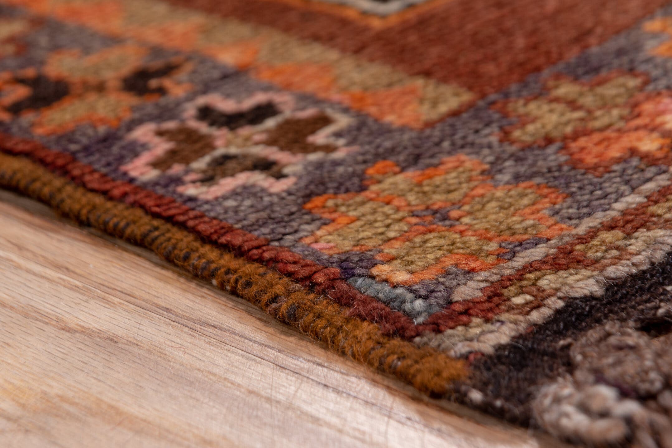 2' x 13' one-of-a-kind handmade vintage Kars runner rug. Color palette: terra cotta, brown, taupe, camel, charcoal, ivory