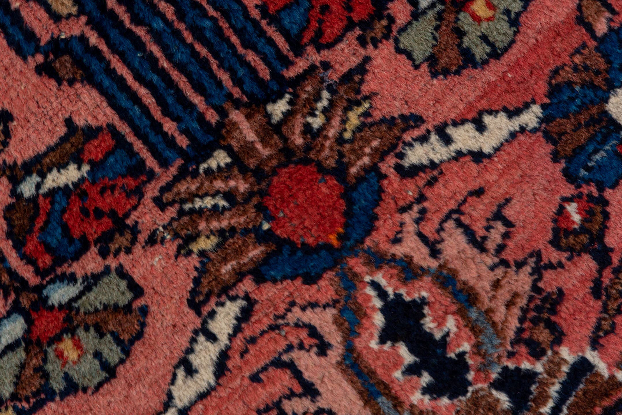 3' x 6' one-of-a-kind handmade vintage Lilian small size rug. Color palette: rose, navy, dusty pink, ivory, taupe, rust