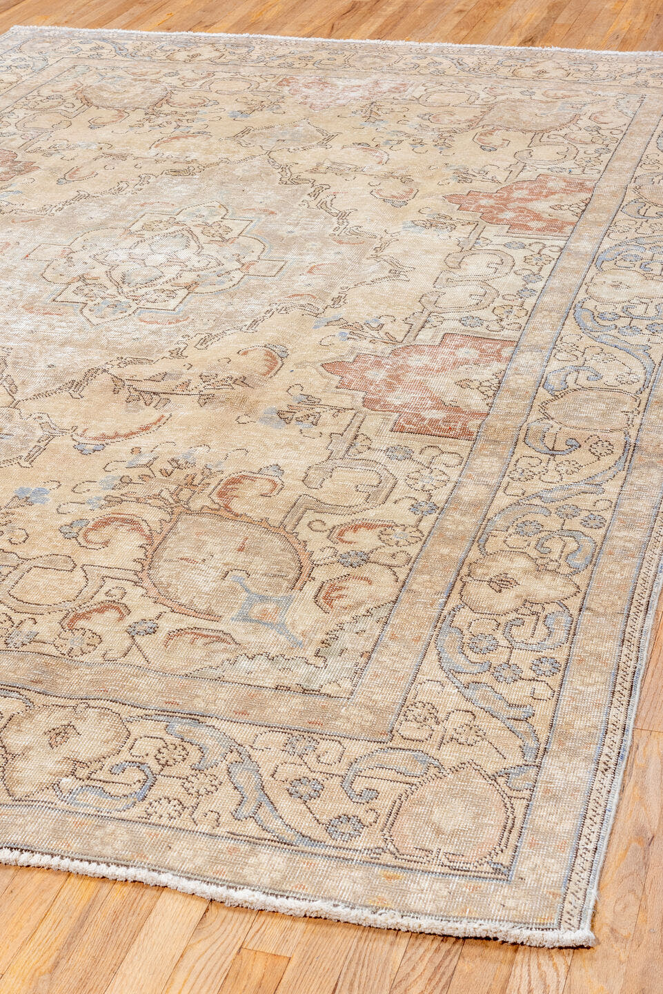 8' x 11' one-of-a-kind handmade vintage Tabriz large size rug. Color palette: ivory, beige, taupe, pale blue, dusty rose