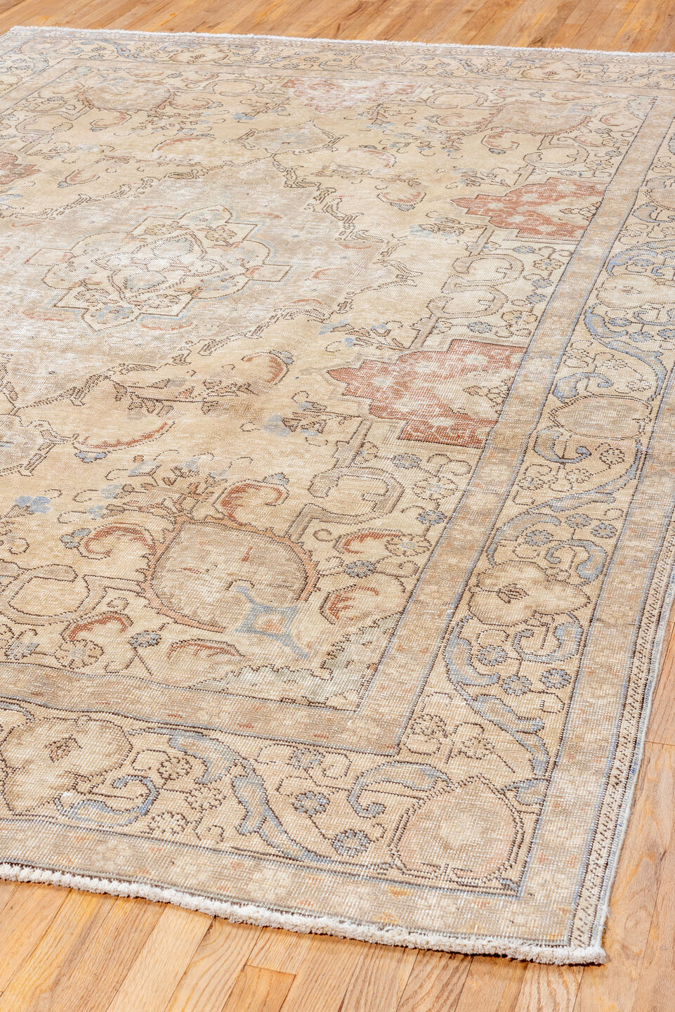 8' x 11' one-of-a-kind handmade vintage Tabriz large size rug. Color palette: ivory, beige, taupe, pale blue, dusty rose