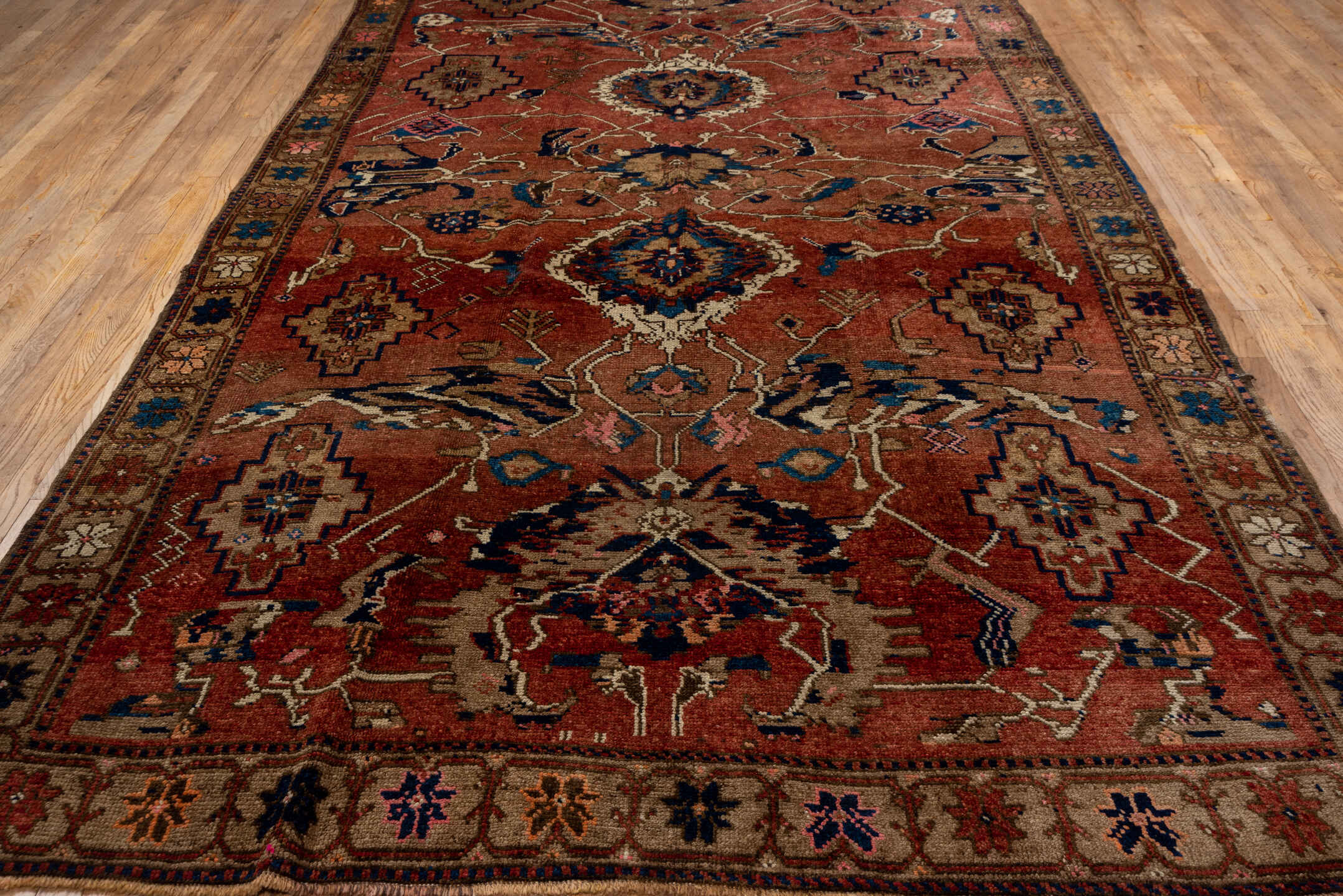 7' x 13' one-of-a-kind handmade antique Karabagh large size rug. Color palette: rose, rust, taupe, indigo, ivory, camel