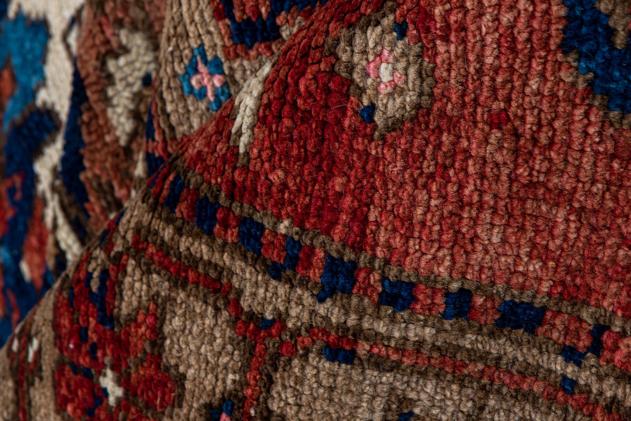 7' x 13' one-of-a-kind handmade antique Karabagh large size rug. Color palette: rose, rust, taupe, indigo, ivory, camel