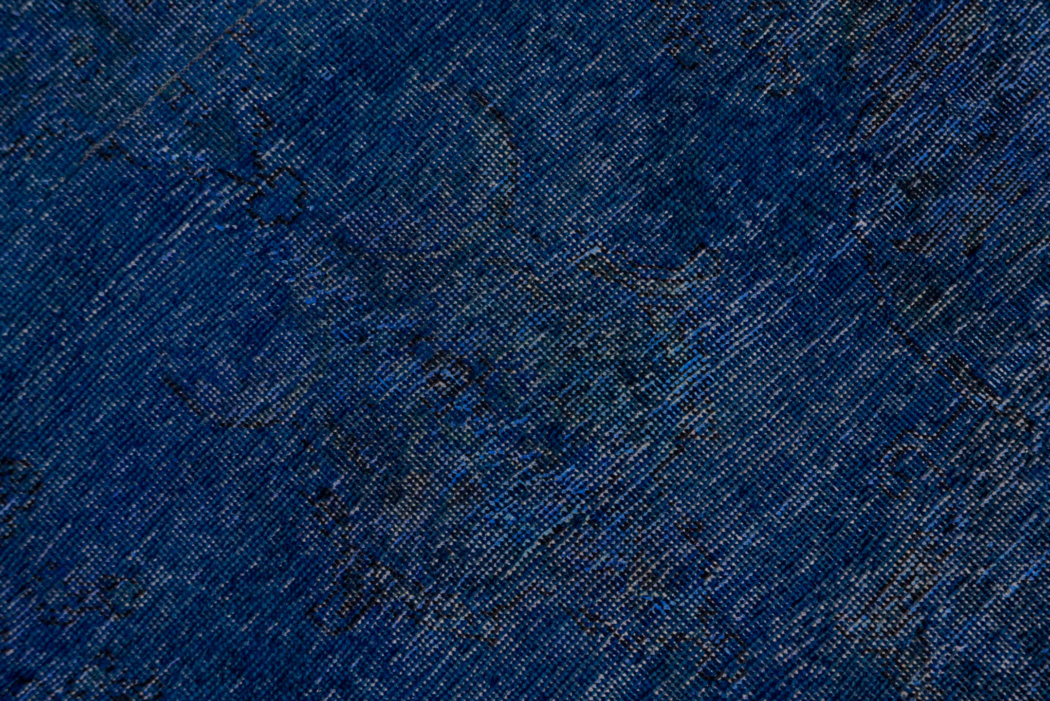 8' x 11' one-of-a-kind handmade vintage Overdyed large size rug. Color palette: blue, dim gray, fiord, gray, off-white, snow