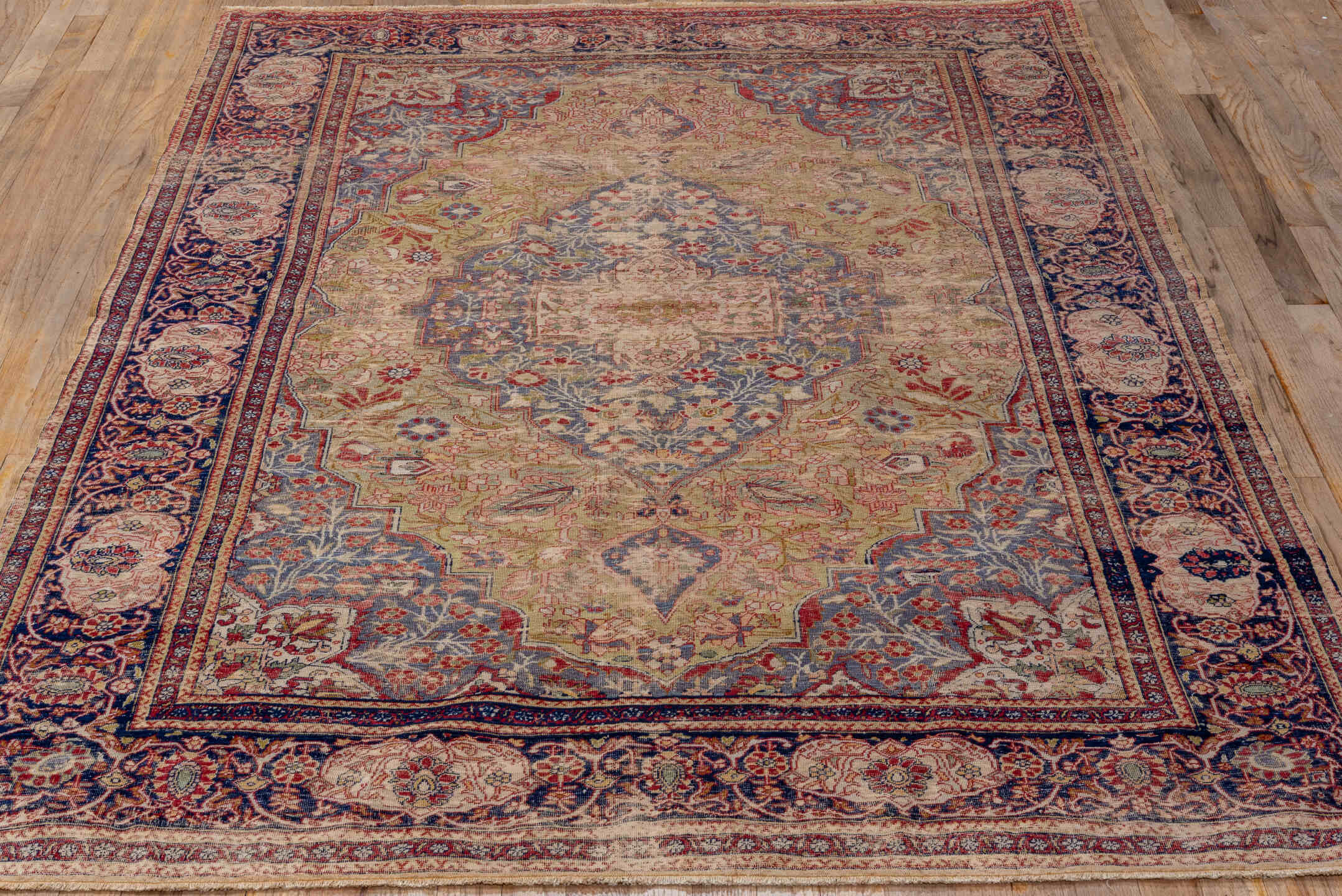 4' x 7' one-of-a-kind handmade antique Kaisary rug. Color palette: ivory, beige, slate blue, navy, rust, rose, taupe, purple