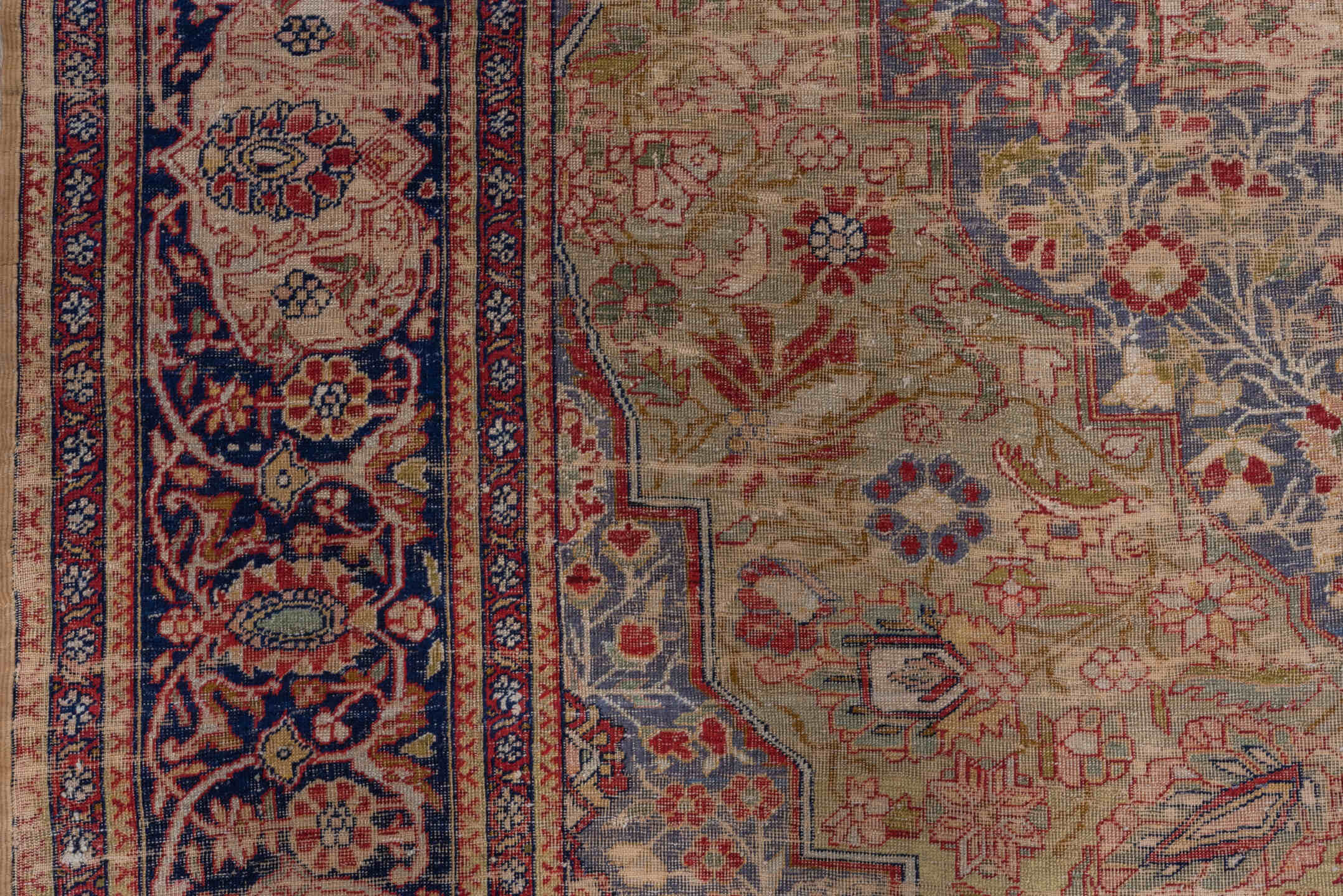 4' x 7' one-of-a-kind handmade antique Kaisary rug. Color palette: ivory, beige, slate blue, navy, rust, rose, taupe, purple