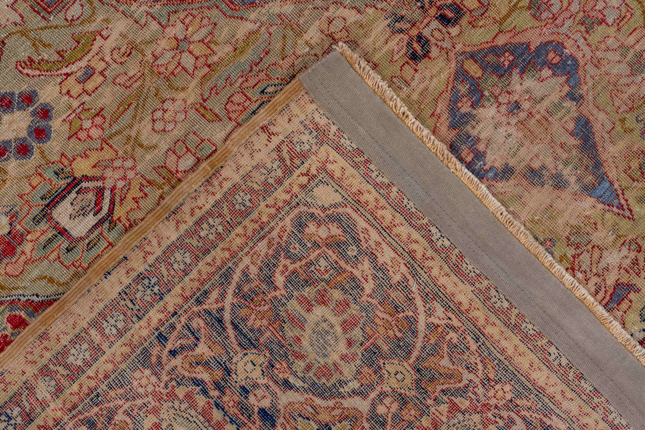 4' x 7' one-of-a-kind handmade antique Kaisary rug. Color palette: ivory, beige, slate blue, navy, rust, rose, taupe, purple