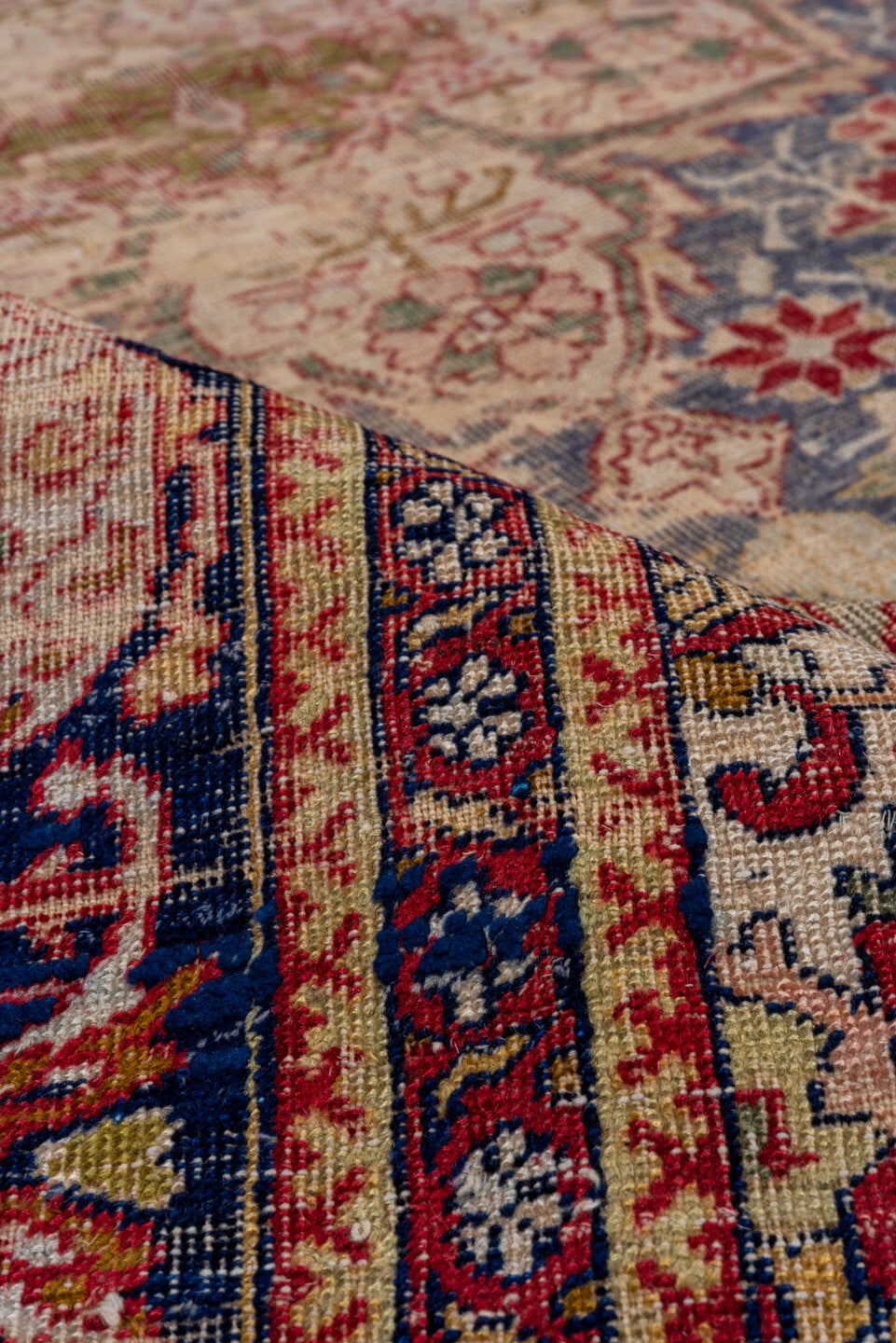 4' x 7' one-of-a-kind handmade antique Kaisary rug. Color palette: ivory, beige, slate blue, navy, rust, rose, taupe, purple