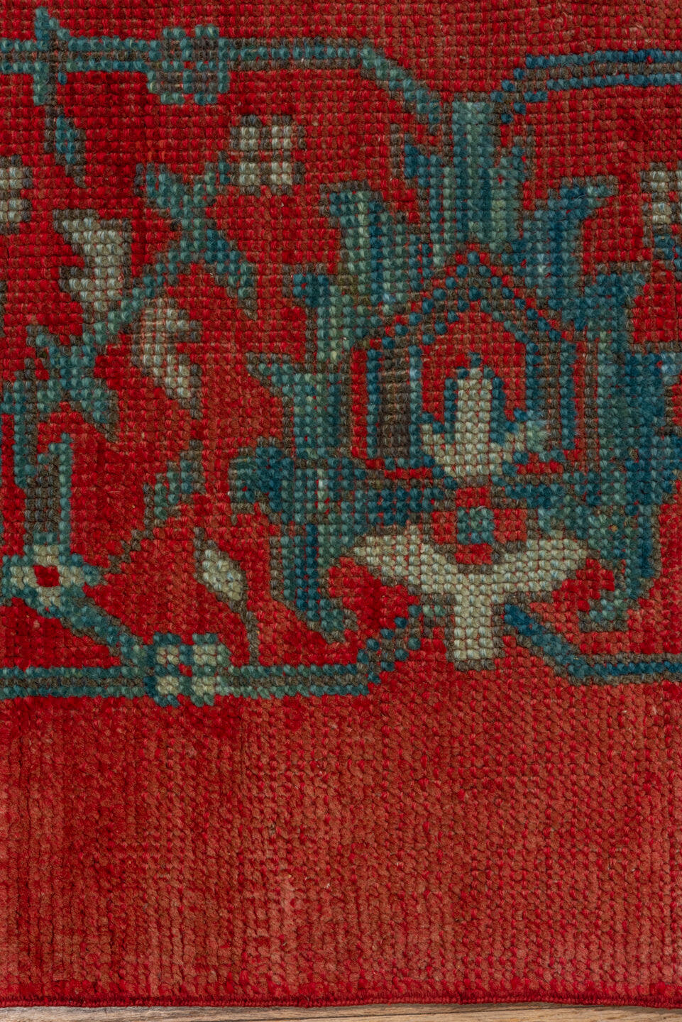 12' x 16' one-of-a-kind handmade antique Oushak oversize rug. Color palette: rust, terra cotta, slate, blue, brick, taupe