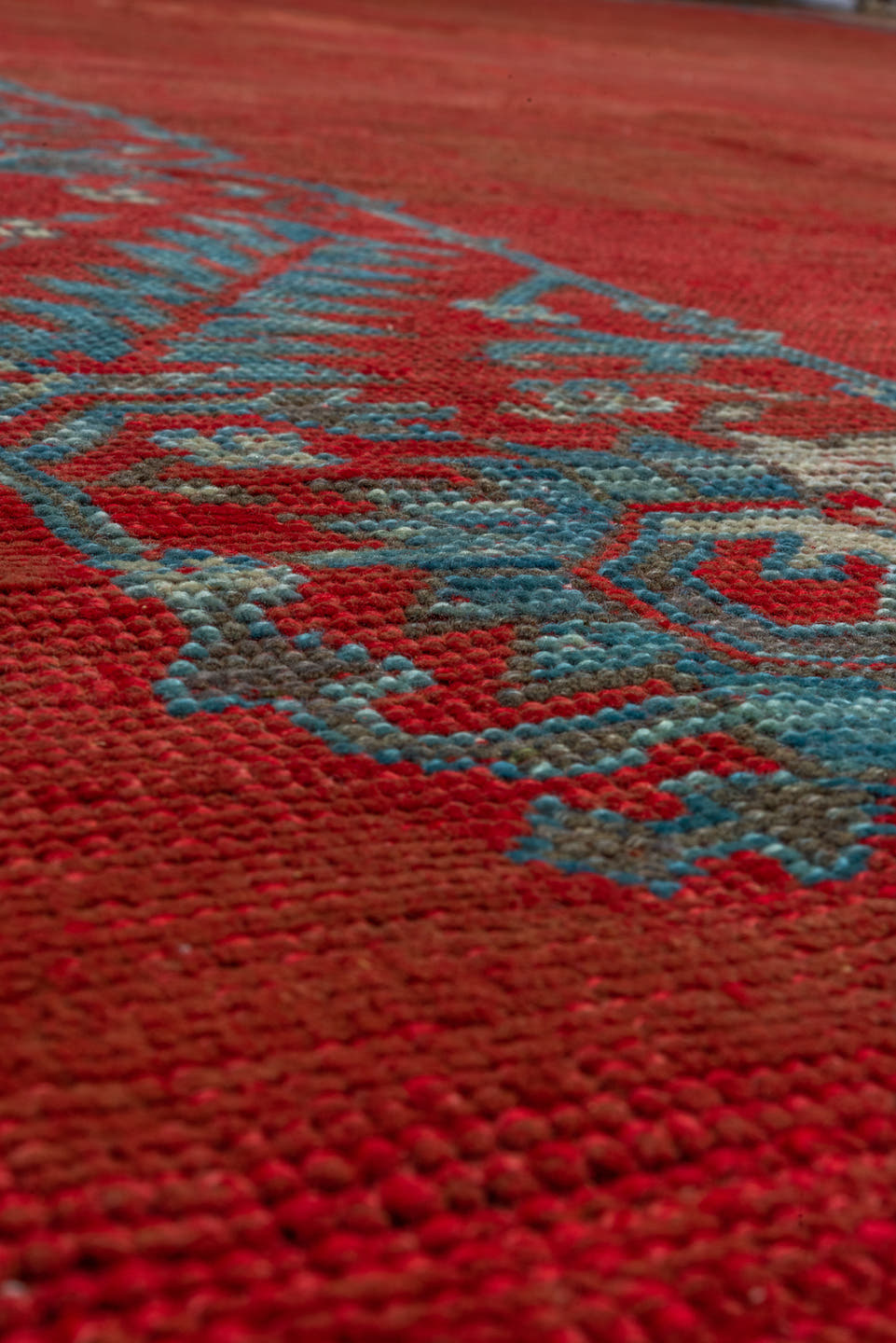 12' x 16' one-of-a-kind handmade antique Oushak oversize rug. Color palette: rust, terra cotta, slate, blue, brick, taupe