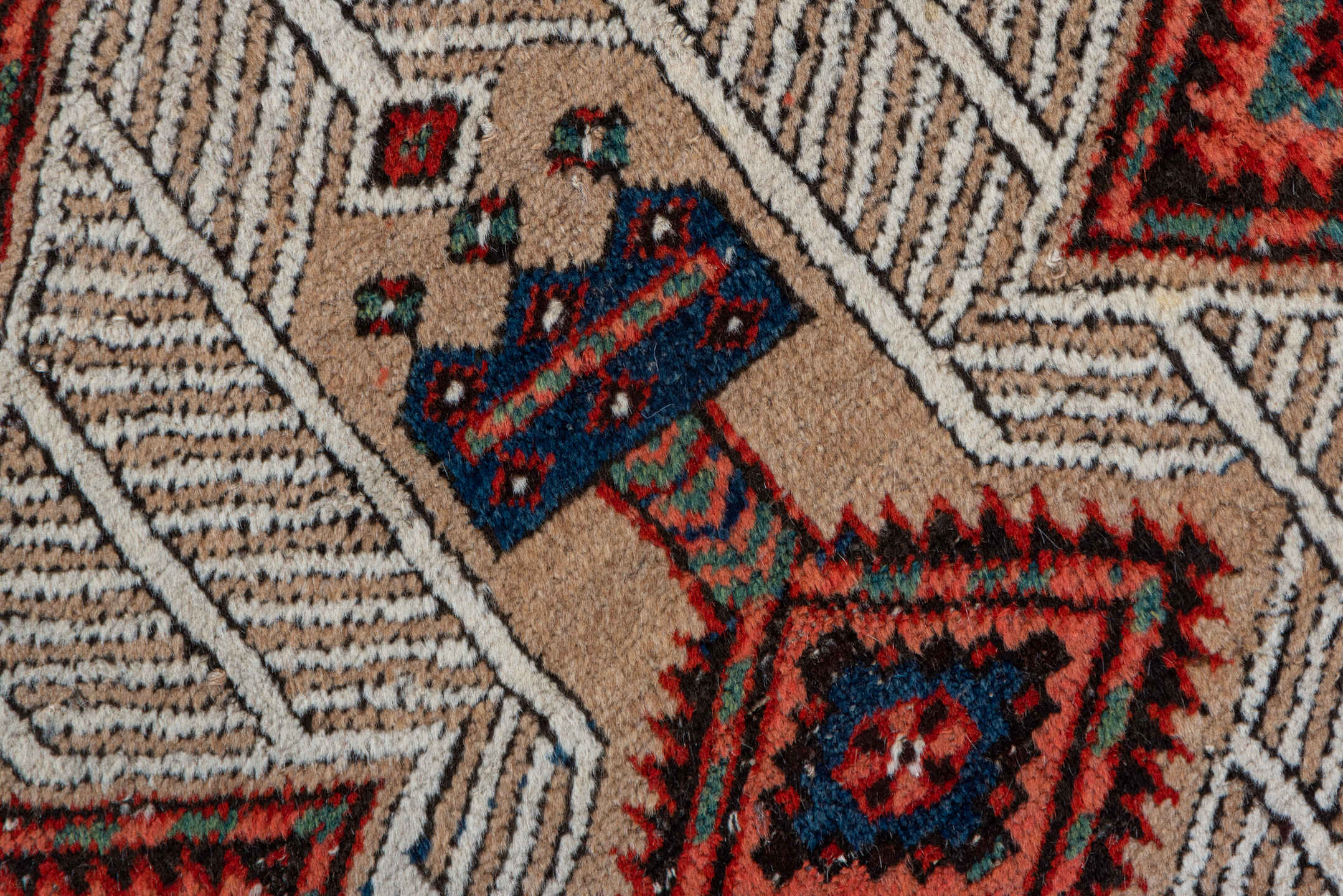 2' x 14' one-of-a-kind handmade vintage Sarab runner rug. Color palette: ivory, rust, navy, camel, crimson, charcoal