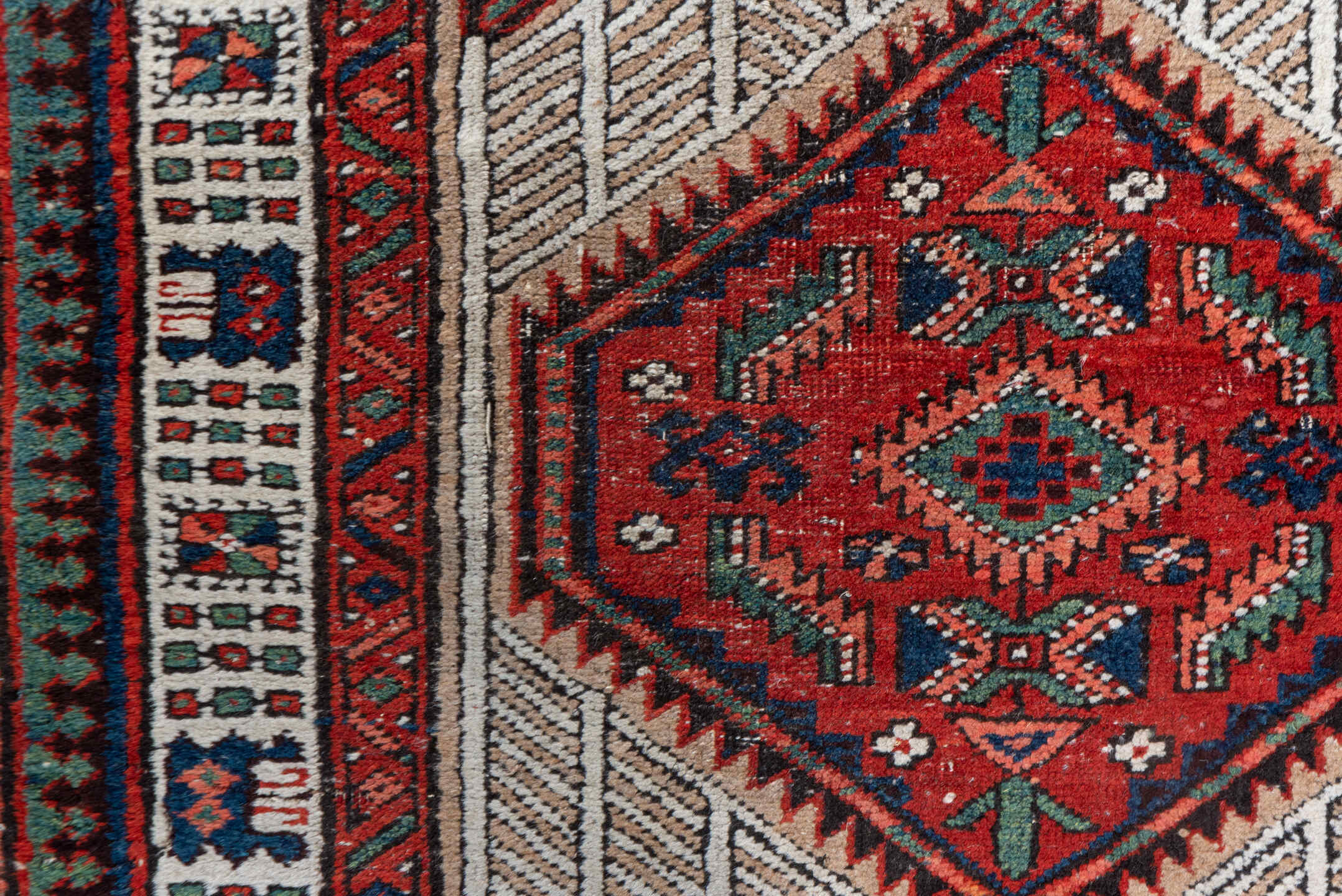 2' x 14' one-of-a-kind handmade vintage Sarab runner rug. Color palette: ivory, rust, navy, camel, crimson, charcoal