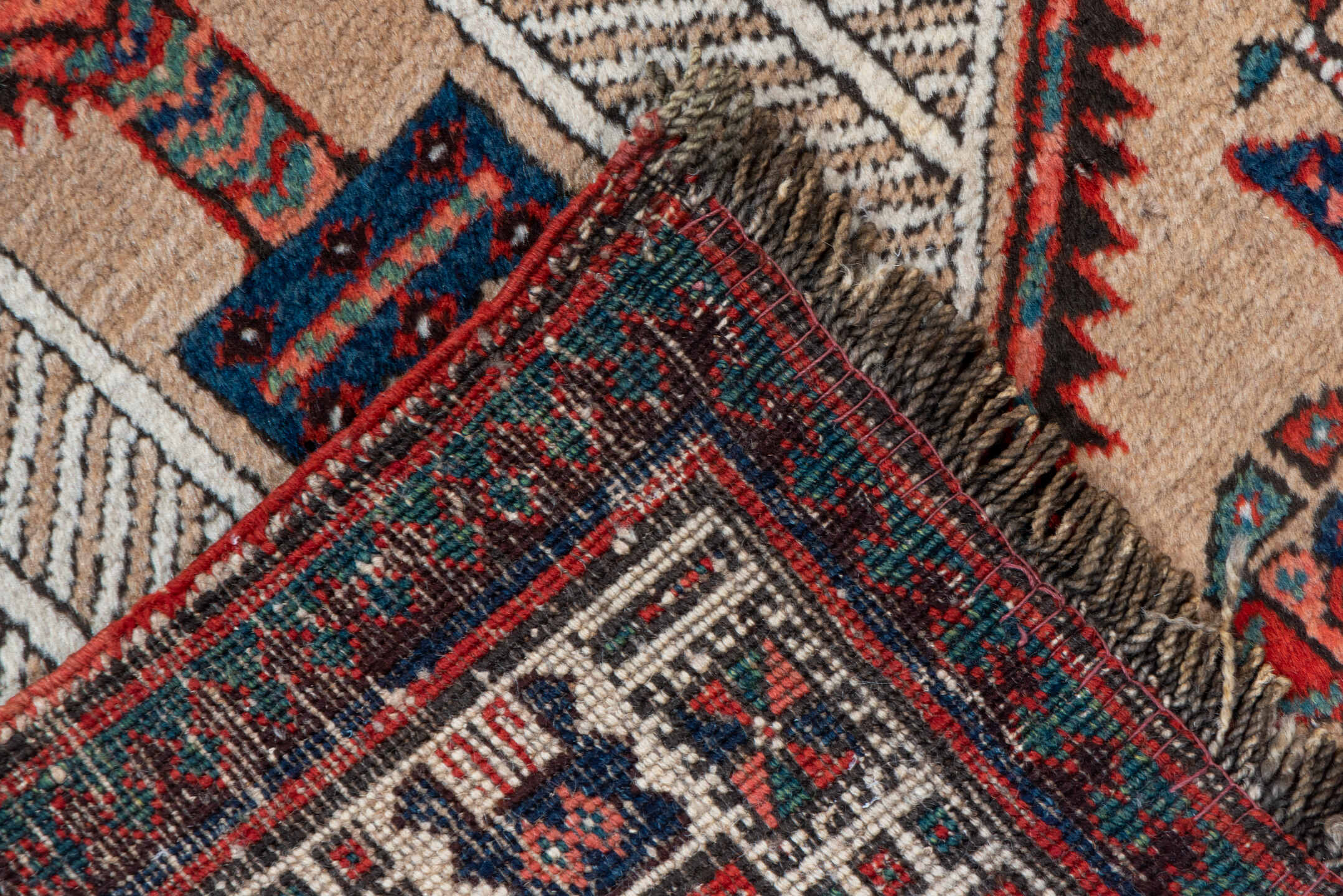 2' x 14' one-of-a-kind handmade vintage Sarab runner rug. Color palette: ivory, rust, navy, camel, crimson, charcoal