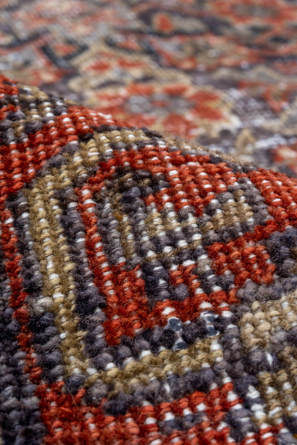 5' x 8' one-of-a-kind handmade antique Mahal medium size rug. Color palette: rust, charcoal, taupe, ivory, terra cotta