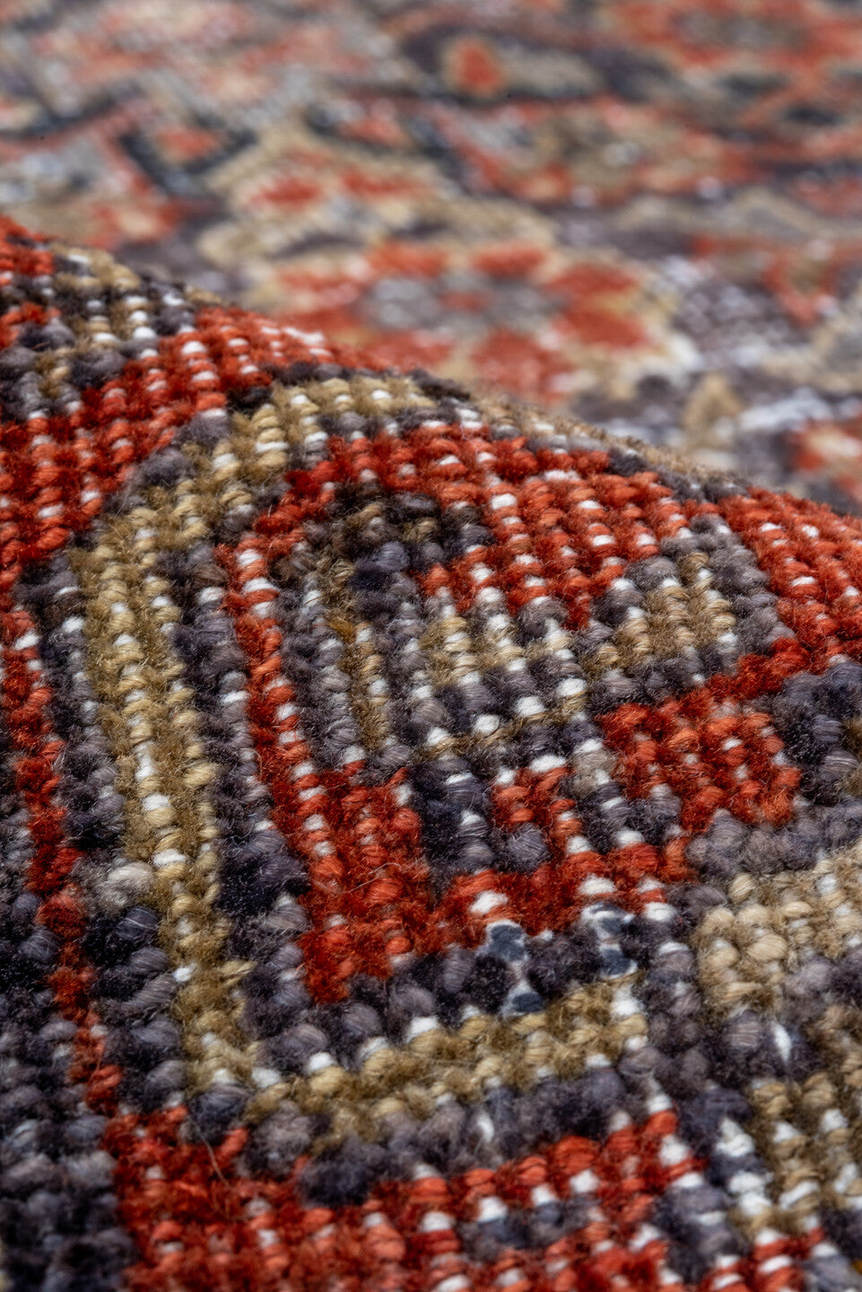 5' x 8' one-of-a-kind handmade antique Mahal medium size rug. Color palette: rust, charcoal, taupe, ivory, terra cotta