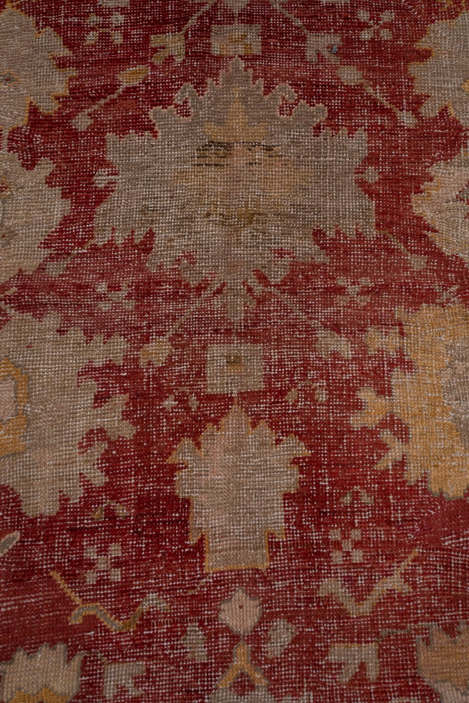 12' x 15' one-of-a-kind handmade antique Oushak oversize rug. Color palette: rust, taupe, ivory, sage, gold, terra cotta