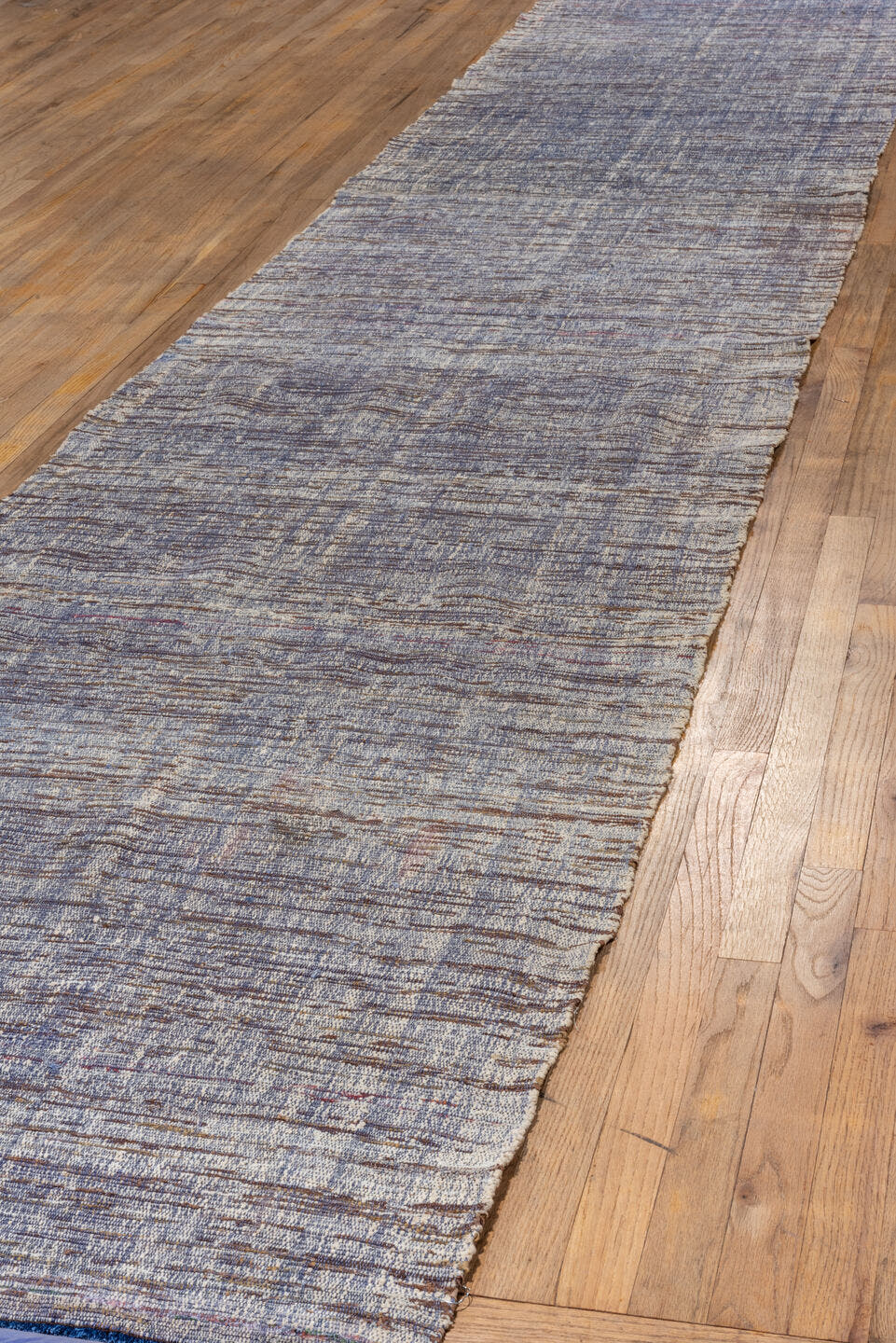 3' x 19' one-of-a-kind handmade vintage Kilim runner rug. Color palette: blue, ivory, slate, plum, taupe, gray, pink, purple