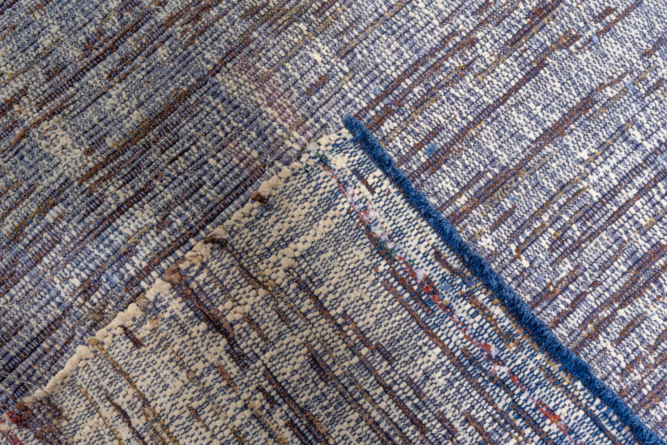 3' x 19' one-of-a-kind handmade vintage Kilim runner rug. Color palette: blue, ivory, slate, plum, taupe, gray, pink, purple