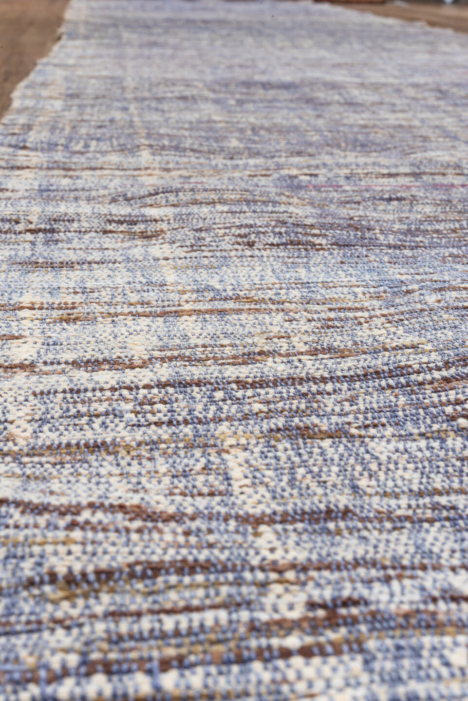 3' x 19' one-of-a-kind handmade vintage Kilim runner rug. Color palette: blue, ivory, slate, plum, taupe, gray, pink, purple