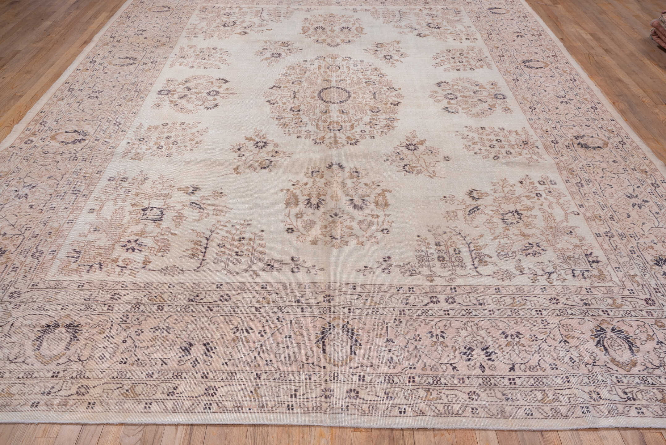10' x 13' one-of-a-kind handmade vintage Oushak large size rug. Color palette: ivory, blush, taupe, dusty rose, slate, beige