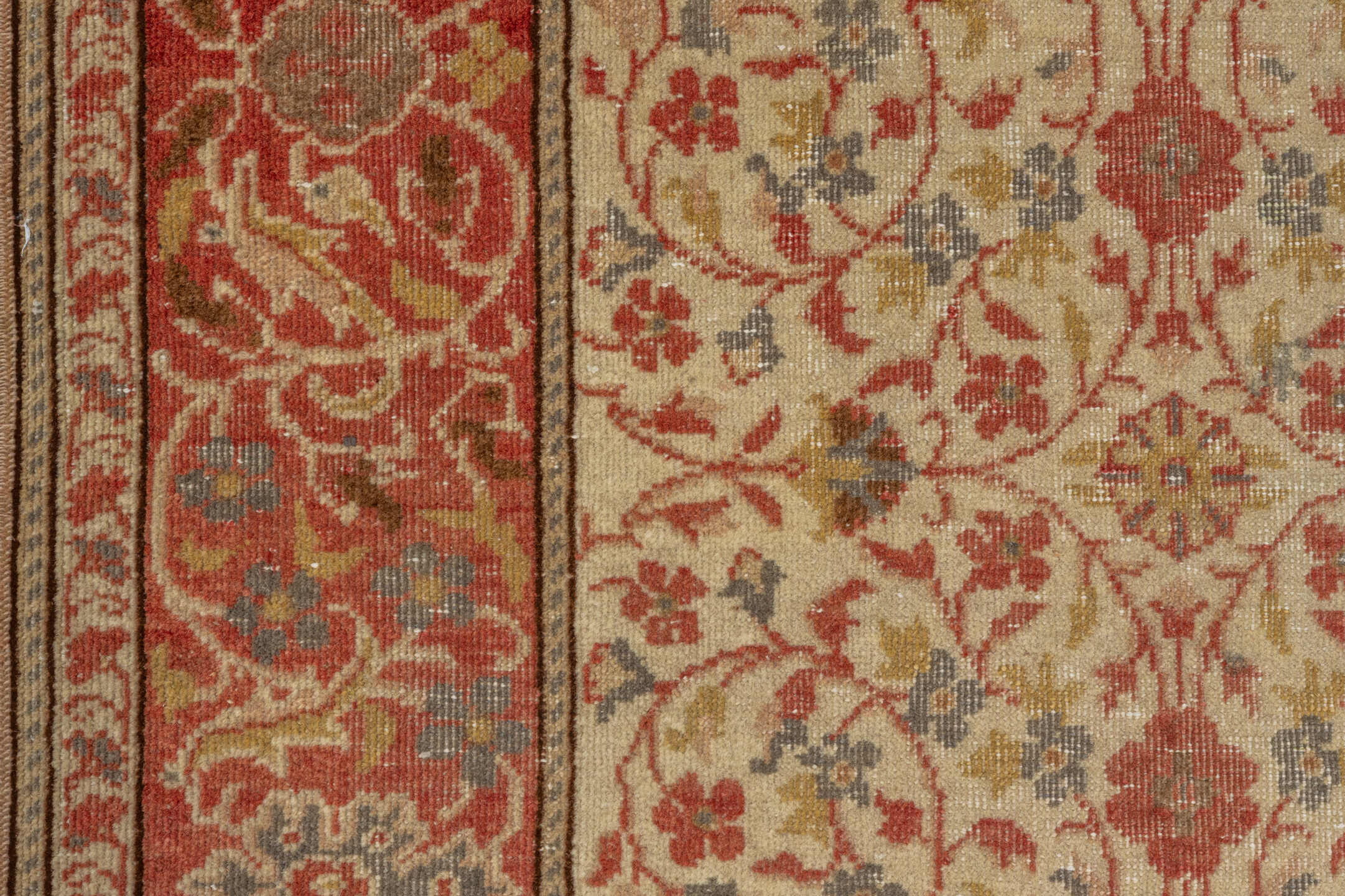 4' x 6' one-of-a-kind handmade vintage Kaisary small size rug. Color palette: ivory, rust, terracotta, sage, slate, beige