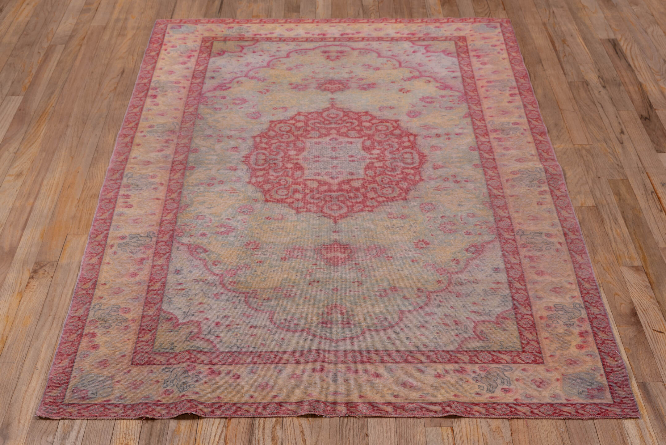 4' x 6' one-of-a-kind handmade vintage Kaisary small size rug. Color palette: ivory, rose, sage, gold, blush, taupe, coral