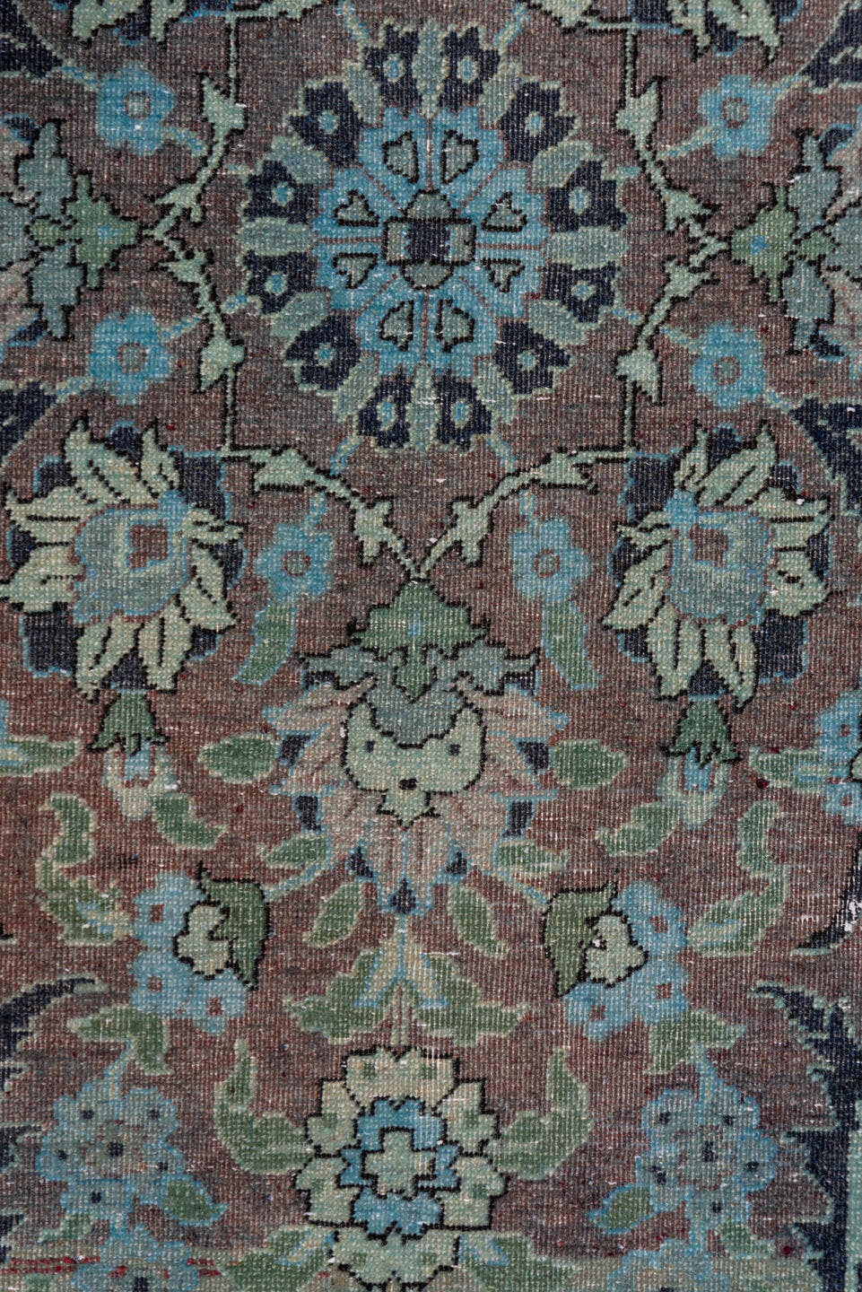 3' x 19' one-of-a-kind handmade vintage Sivas runner rug. Color palette: turquoise, slate, taupe, aqua, lavender, charcoal