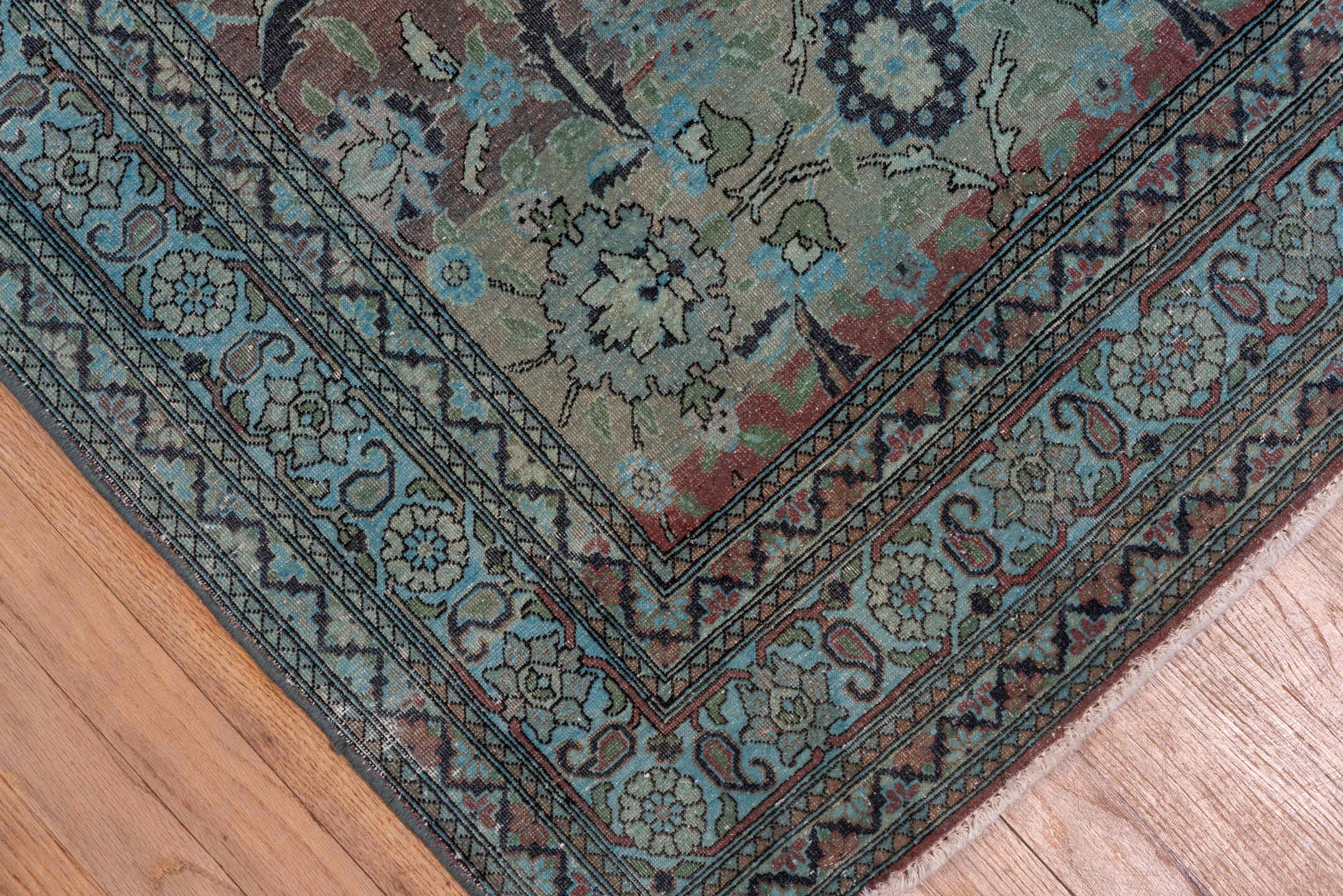 3' x 19' one-of-a-kind handmade vintage Sivas runner rug. Color palette: turquoise, slate, taupe, aqua, lavender, charcoal