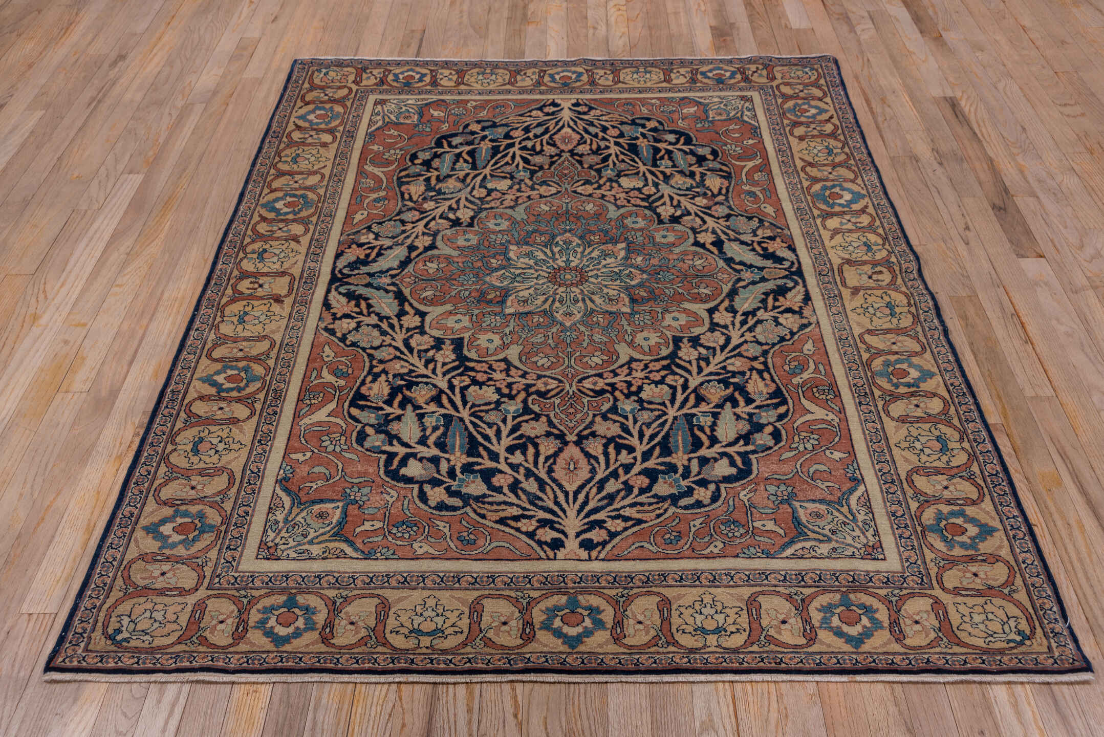 4' x 6' one-of-a-kind handmade antique Tabriz small size rug. Color palette: navy, terracotta, ivory, camel, sky_blue, rose