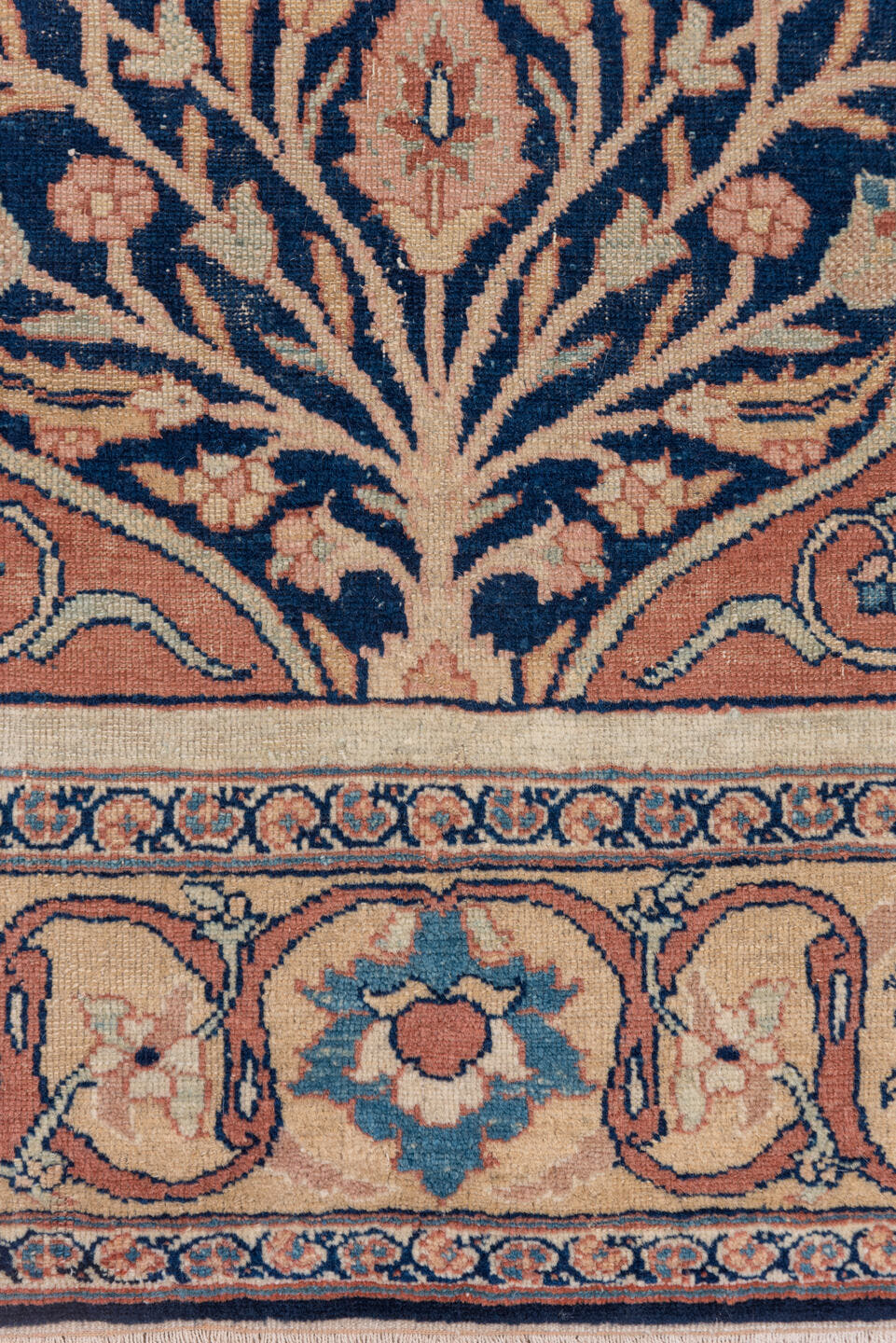 4' x 6' one-of-a-kind handmade antique Tabriz small size rug. Color palette: navy, terracotta, ivory, camel, sky_blue, rose