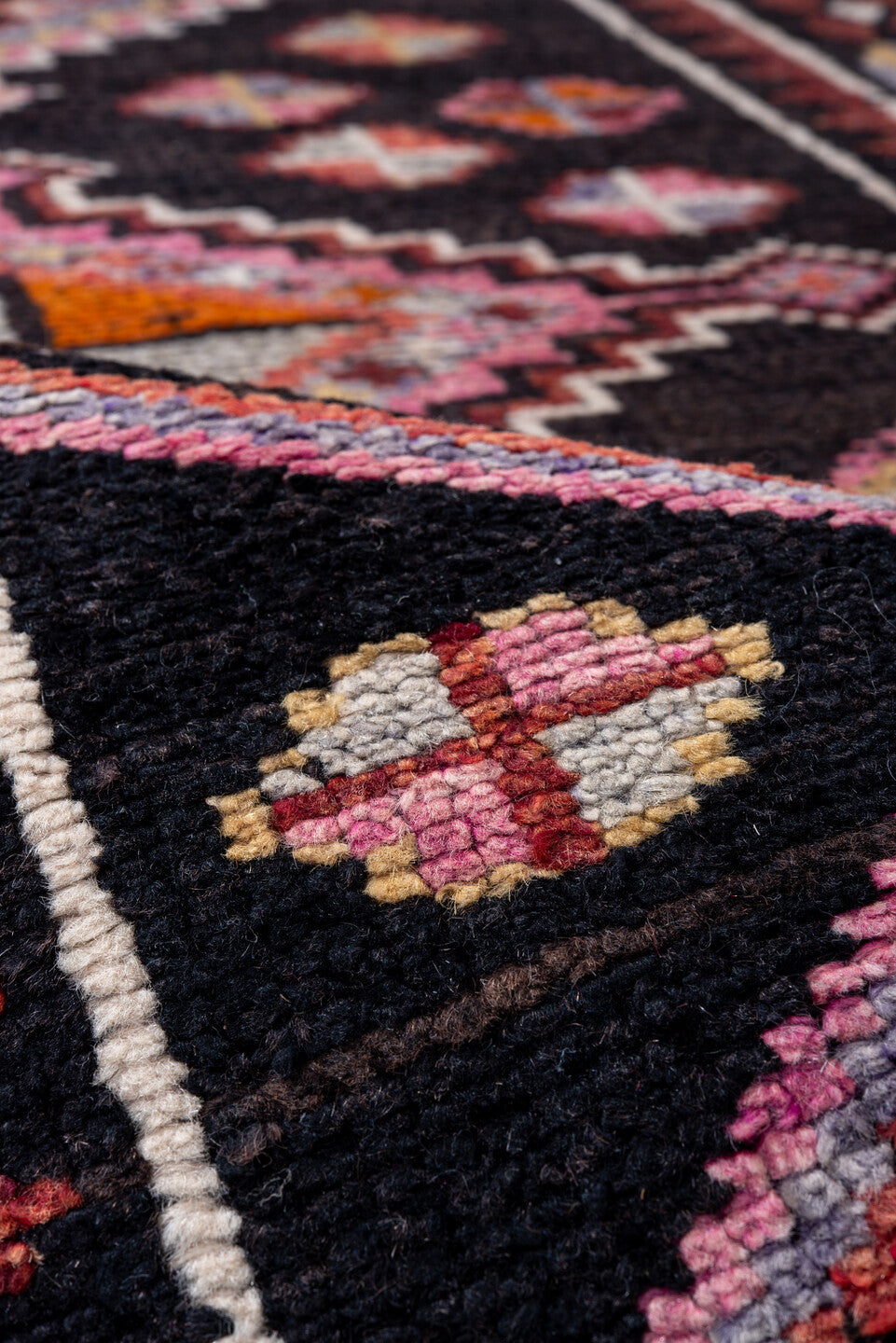3' x 12' one-of-a-kind handmade vintage Oushak runner rug. Color palette: charcoal, rose, ivory, rust, lavender, crimson