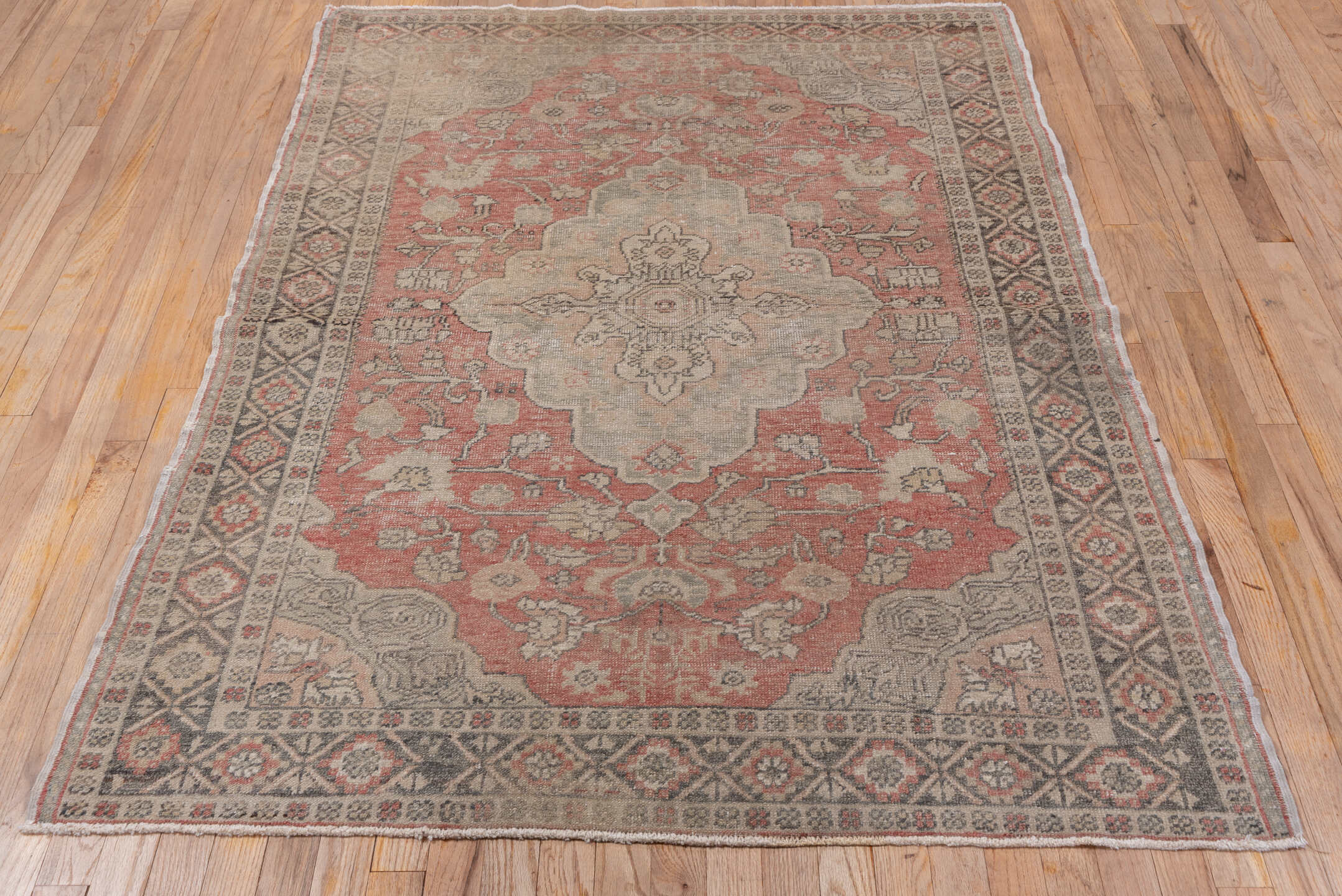 4' x 6' one-of-a-kind handmade antique Oushak small size rug. Color palette: rose, taupe, ivory, charcoal, blush, beige