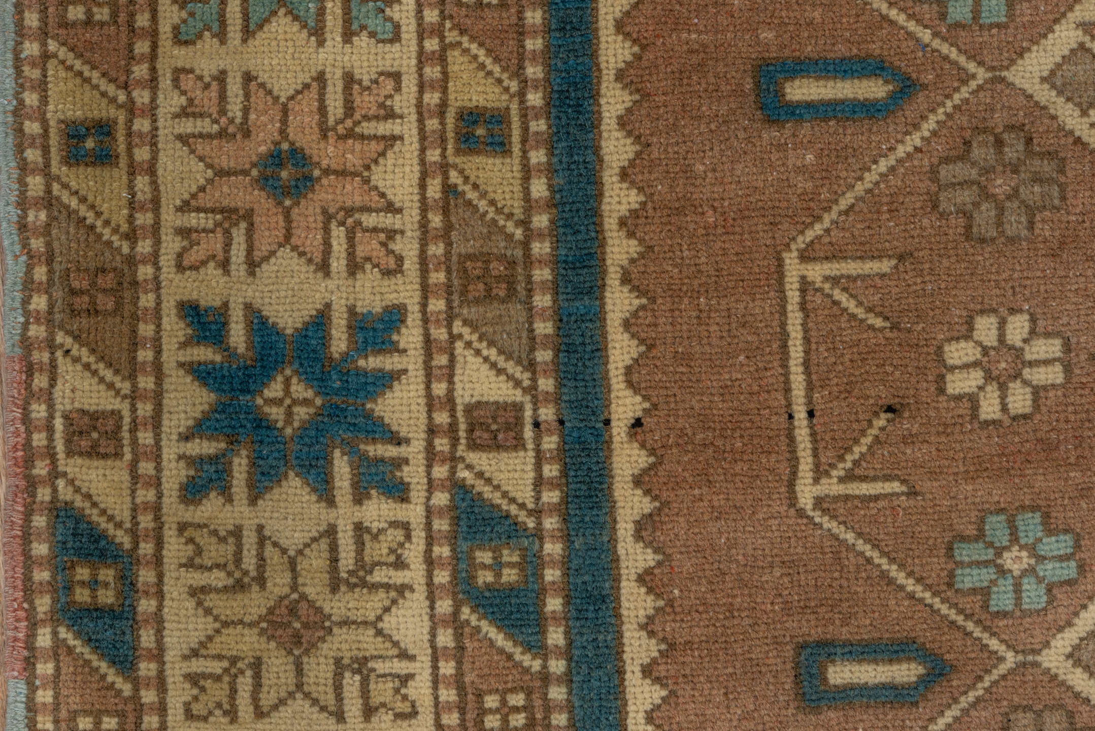 3' x 5' one-of-a-kind handmade antique Oushak small size rug. Color palette: ivory, teal, taupe, camel, brown, sky blue
