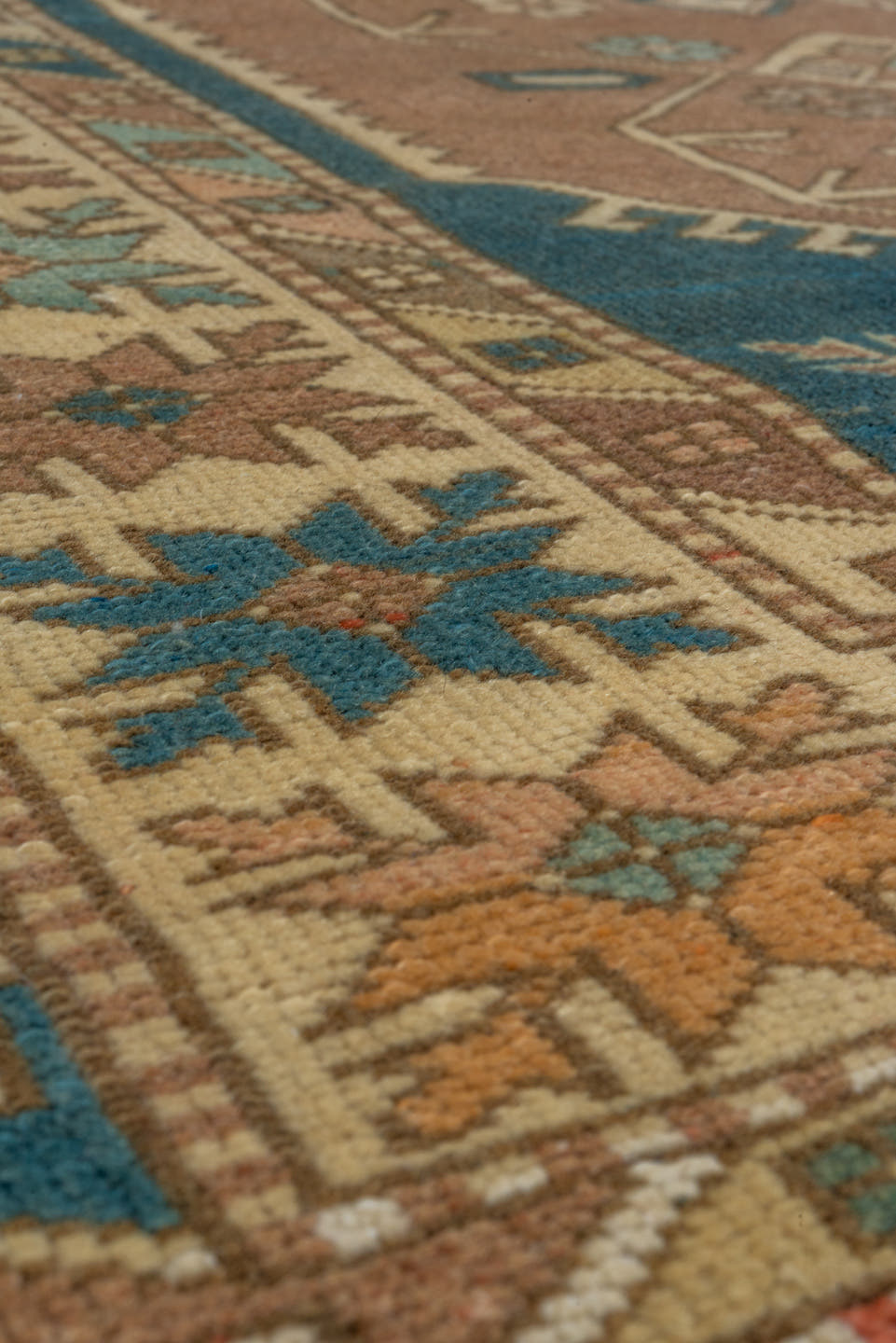 3' x 5' one-of-a-kind handmade antique Oushak small size rug. Color palette: ivory, teal, taupe, camel, brown, sky blue