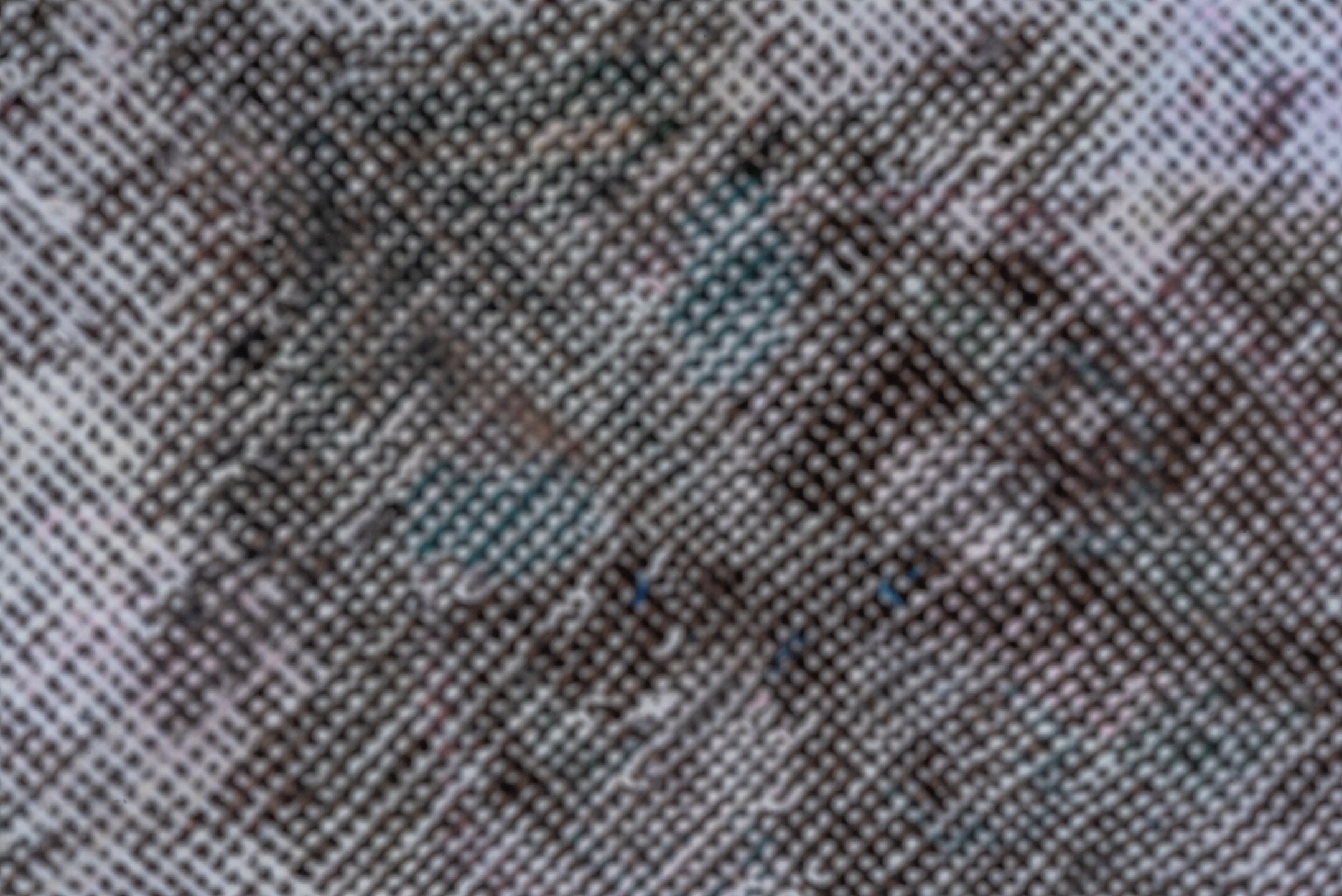 6' x 9' one-of-a-kind handmade vintage Overdyed medium size rug. Color palette: charcoal, ivory, gray, taupe, teal, lavender