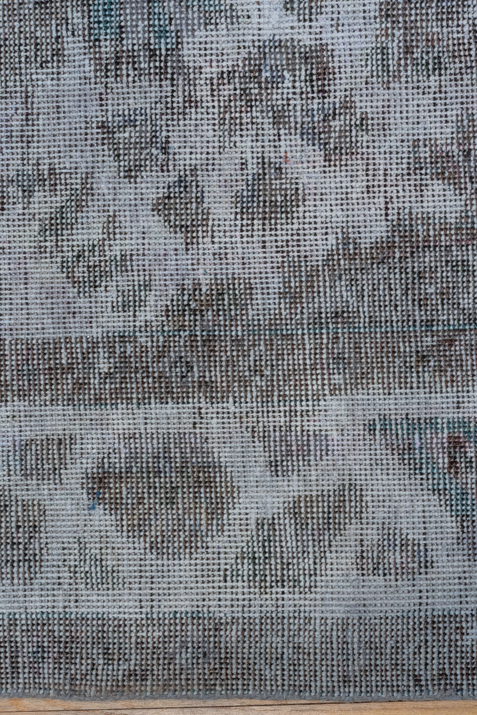 6' x 9' one-of-a-kind handmade vintage Overdyed medium size rug. Color palette: charcoal, ivory, gray, taupe, teal, lavender