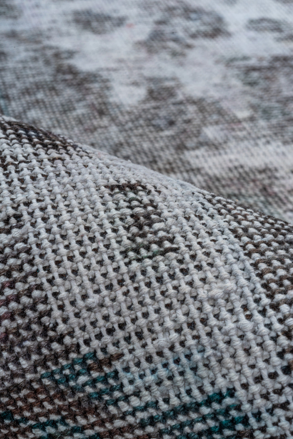 6' x 9' one-of-a-kind handmade vintage Overdyed medium size rug. Color palette: charcoal, ivory, gray, taupe, teal, lavender