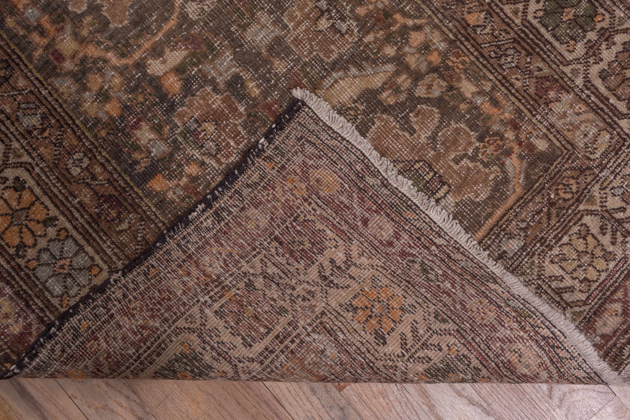 2' x 13' one-of-a-kind handmade vintage Sarab runner rug. Color palette: brown, dark gray, gray, pink, saddle brown