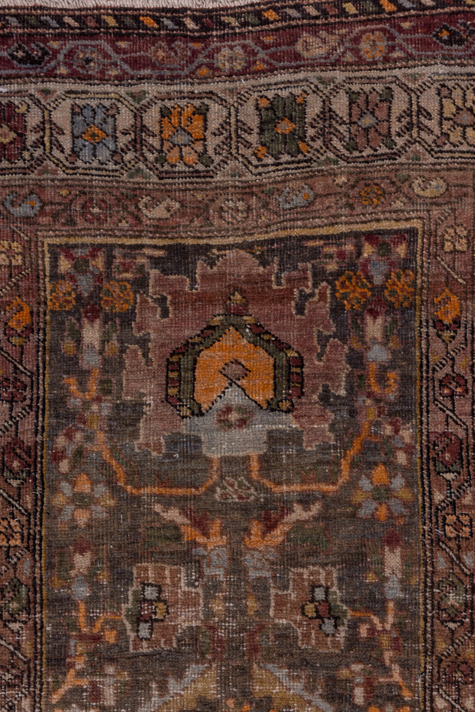 2' x 13' one-of-a-kind handmade vintage Sarab runner rug. Color palette: brown, dark gray, gray, pink, saddle brown