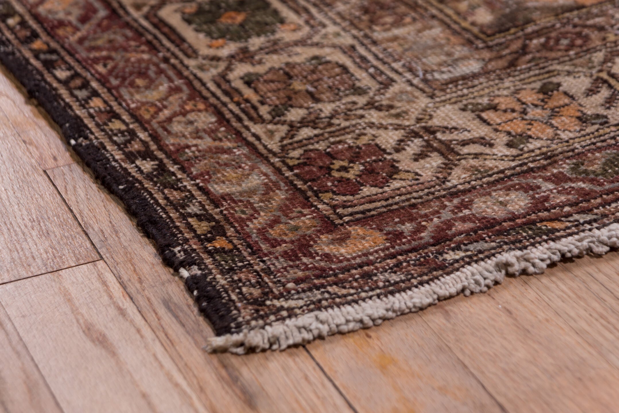 2' x 13' one-of-a-kind handmade vintage Sarab runner rug. Color palette: brown, dark gray, gray, pink, saddle brown
