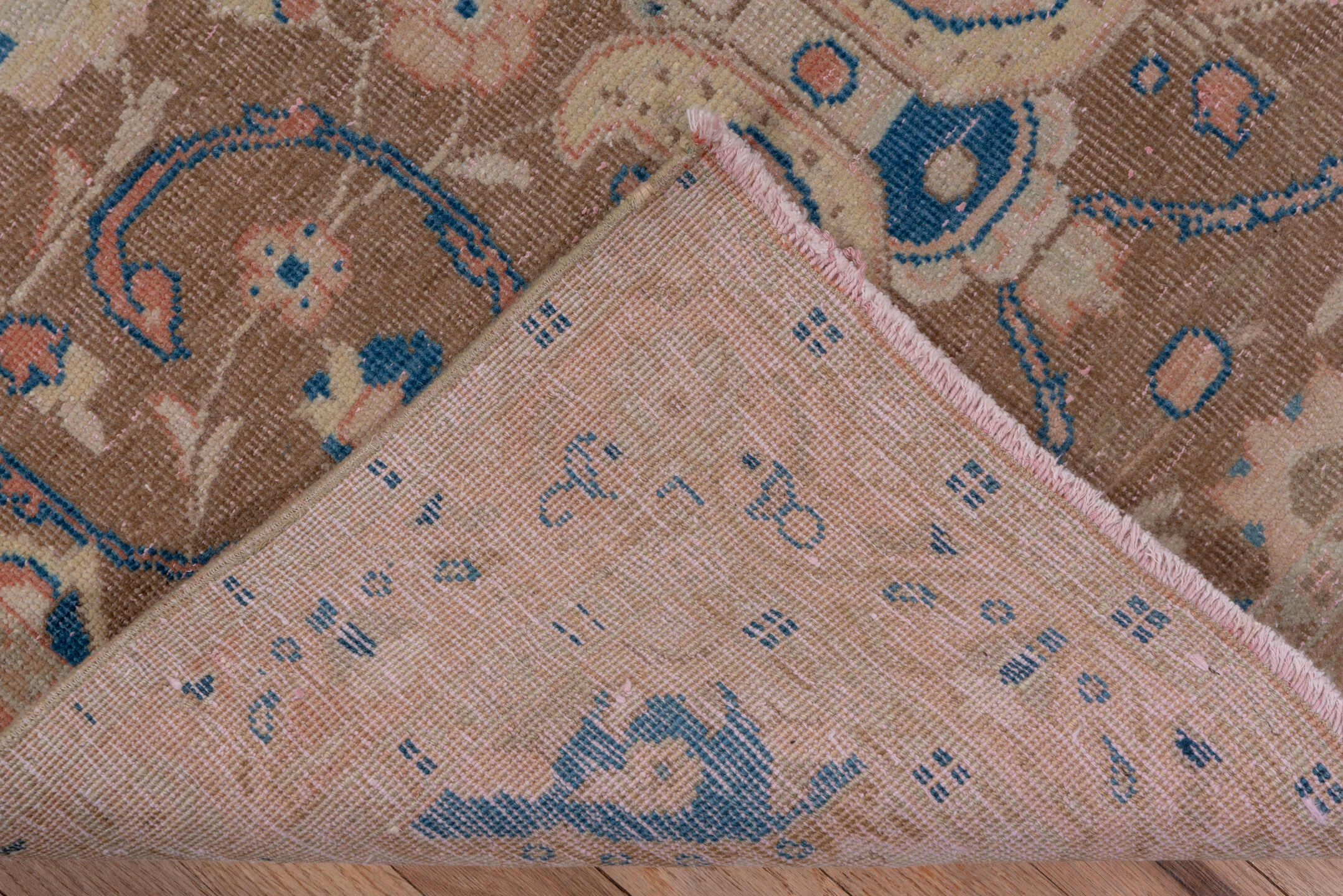 3' x 10' one-of-a-kind handmade vintage Oushak runner rug. Color palette: blue, brown, gray, light gray, pink