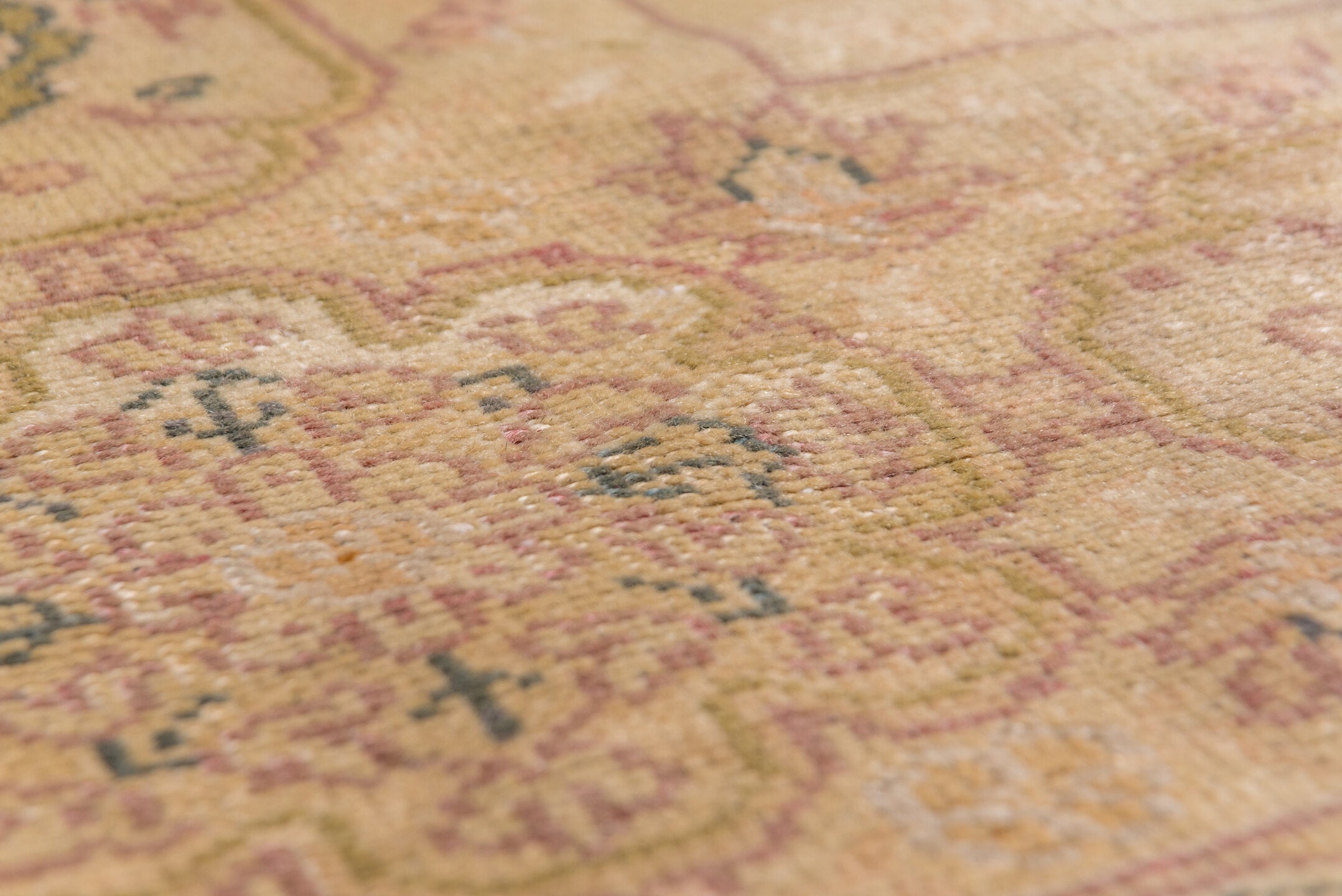 11' x 15' one-of-a-kind handmade antique Oushak oversize rug. Color palette: ivory, taupe, beige, blush, sage, soft blue