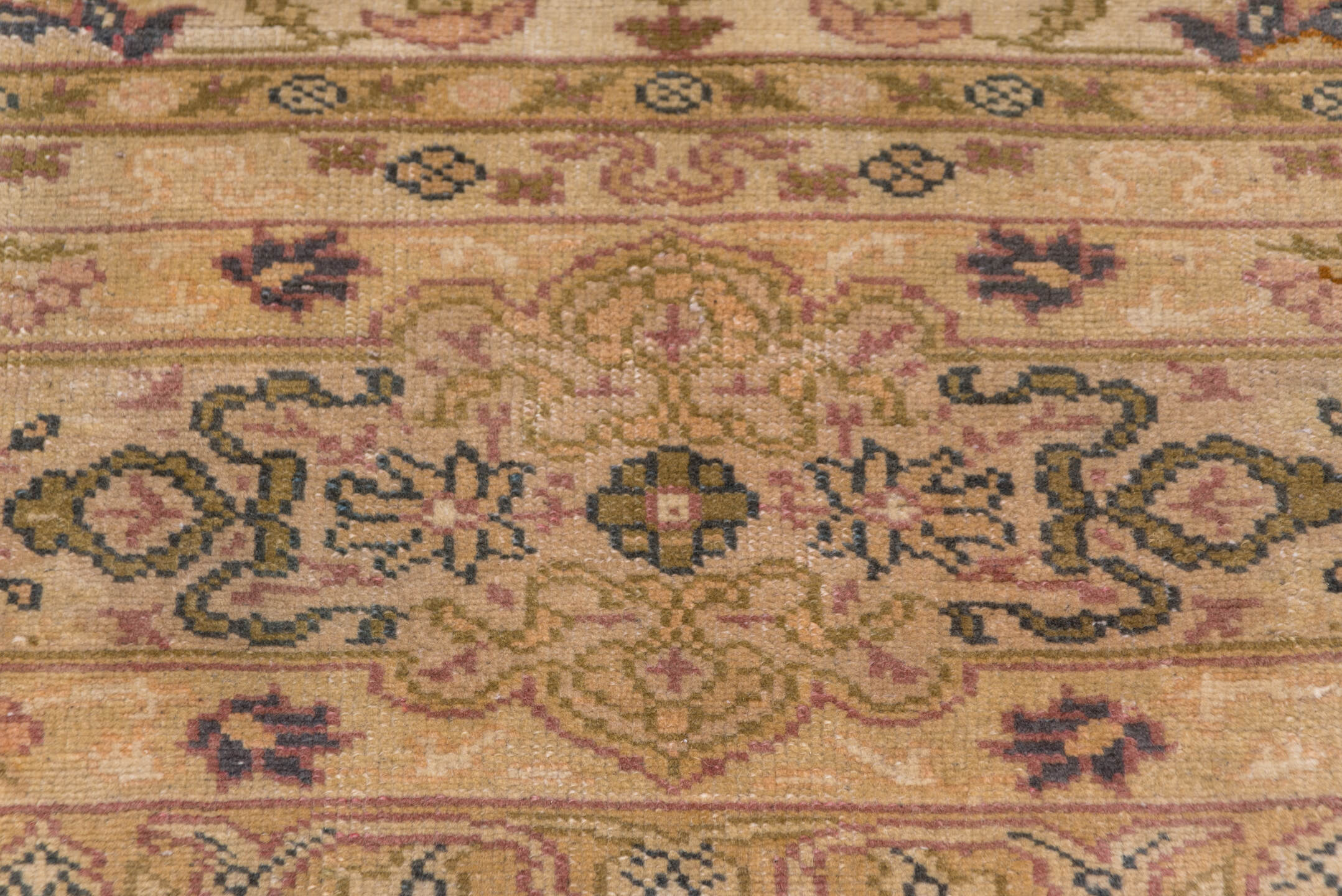 11' x 15' one-of-a-kind handmade antique Oushak oversize rug. Color palette: ivory, taupe, beige, blush, sage, soft blue