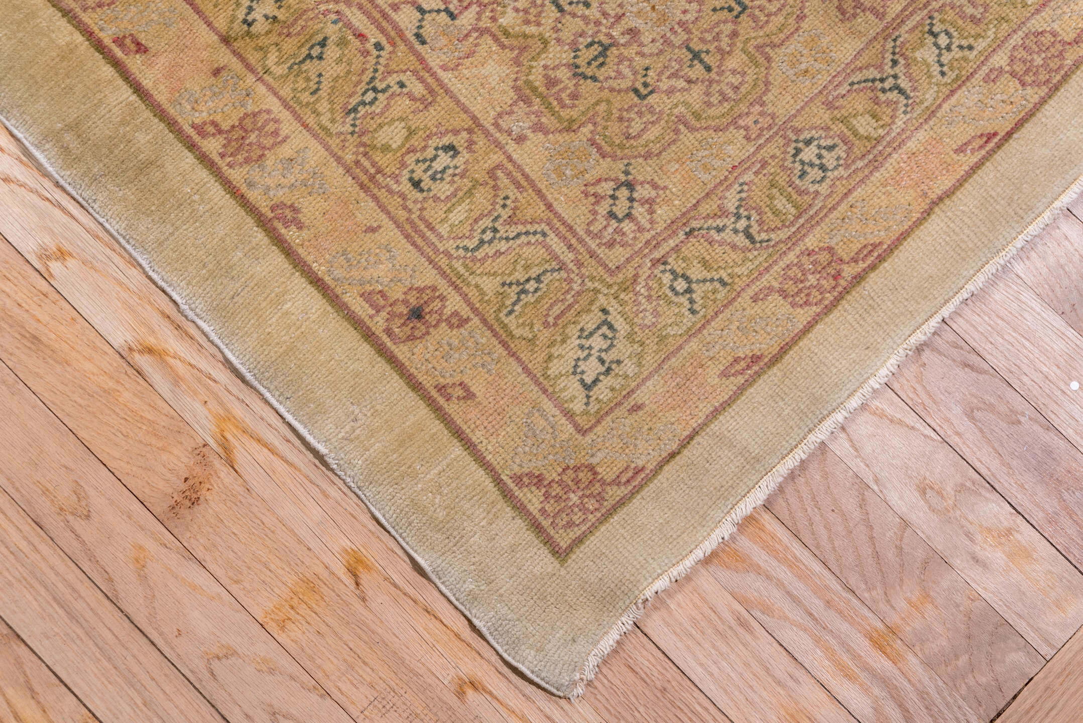11' x 15' one-of-a-kind handmade antique Oushak oversize rug. Color palette: ivory, taupe, beige, blush, sage, soft blue