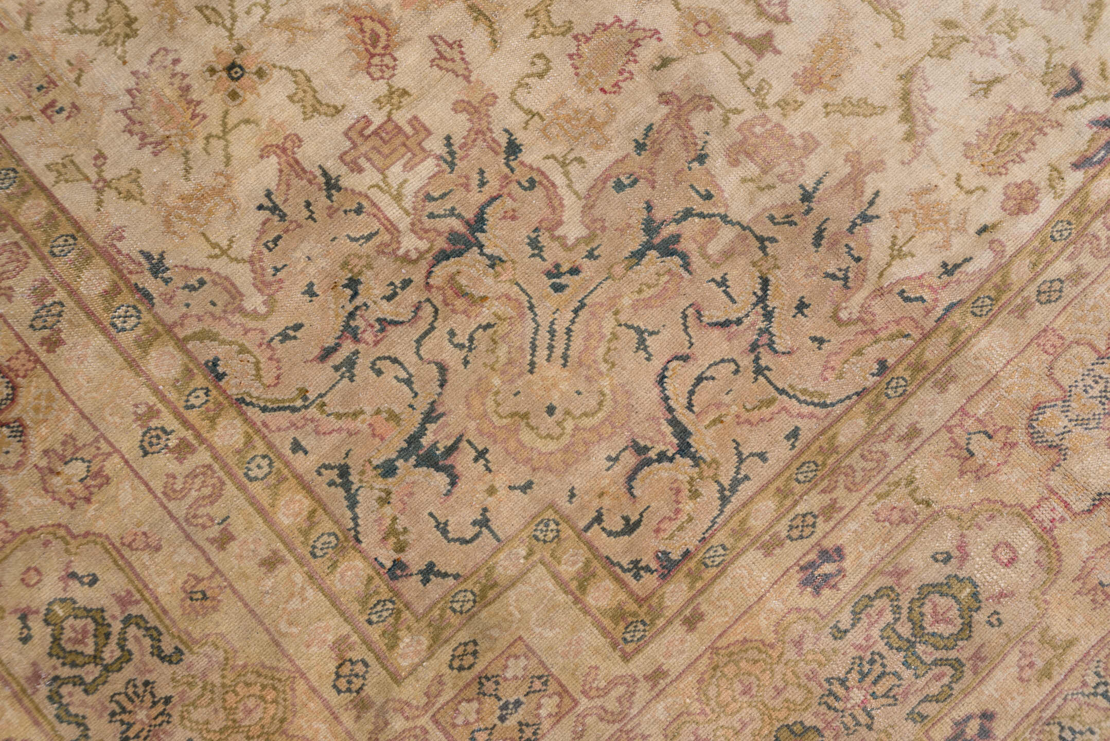 11' x 15' one-of-a-kind handmade antique Oushak oversize rug. Color palette: ivory, taupe, beige, blush, sage, soft blue